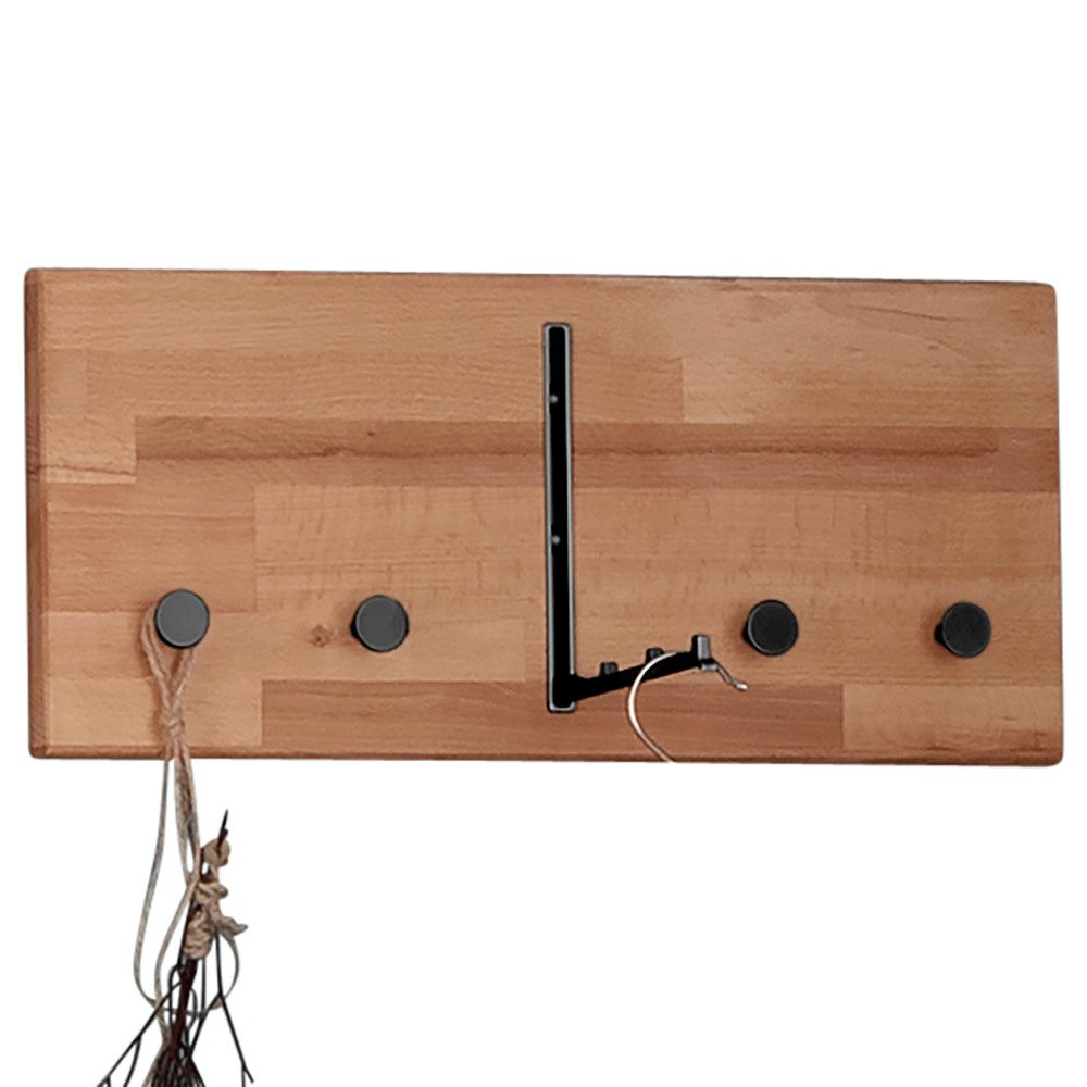 Lomadox Garderobenpaneel CUENCA-137, Buche massiv, 4 feste Metallhaken, 1 Klapphaken, 50 cm breit