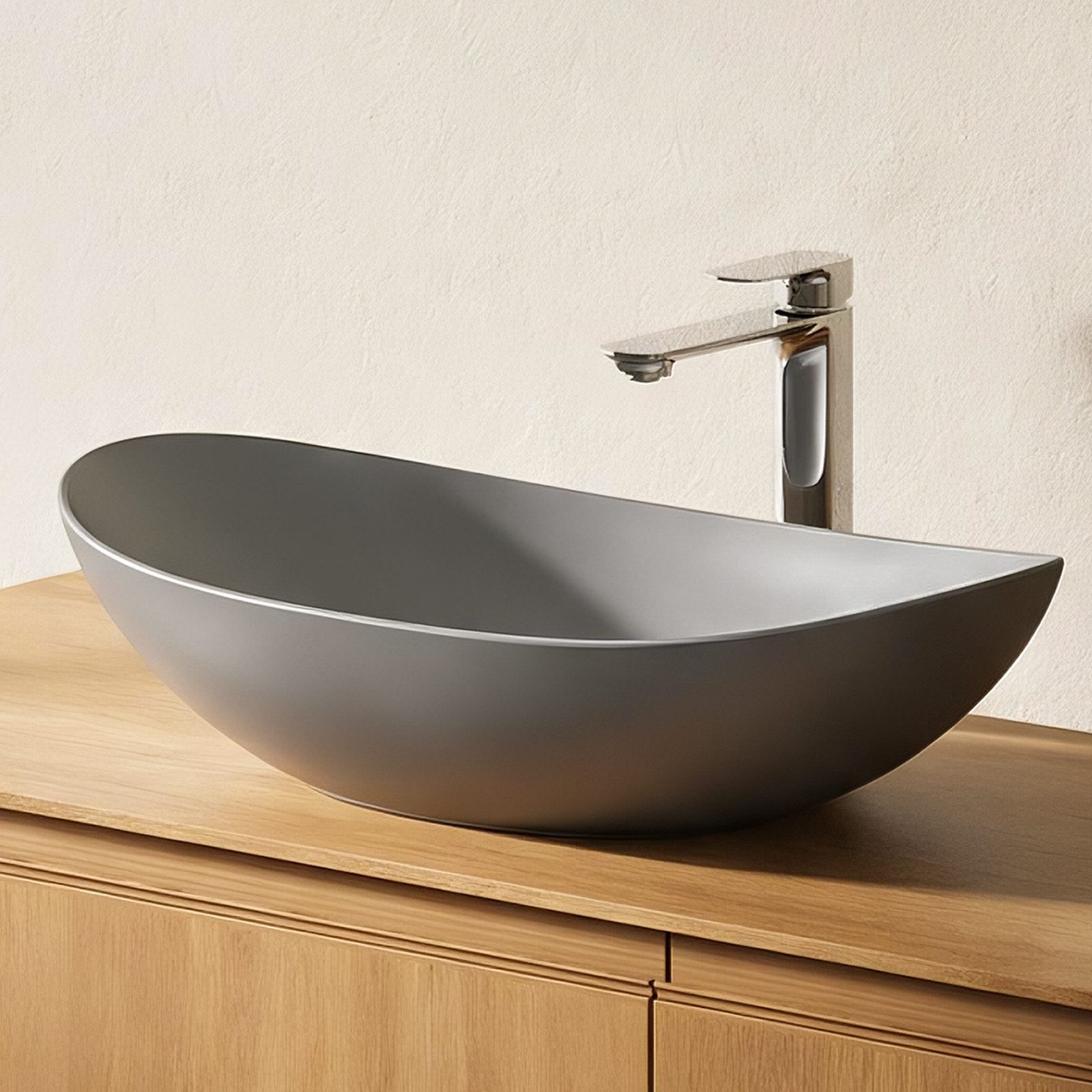 EMKE Aufsatzwaschbecken Aufsatzwaschbecken Oval, Keramik, 61 x 36 cm (Packung), ohne Überlauf, ohne Hahnloch – pflegeleichter, kratzfester Oberfläche