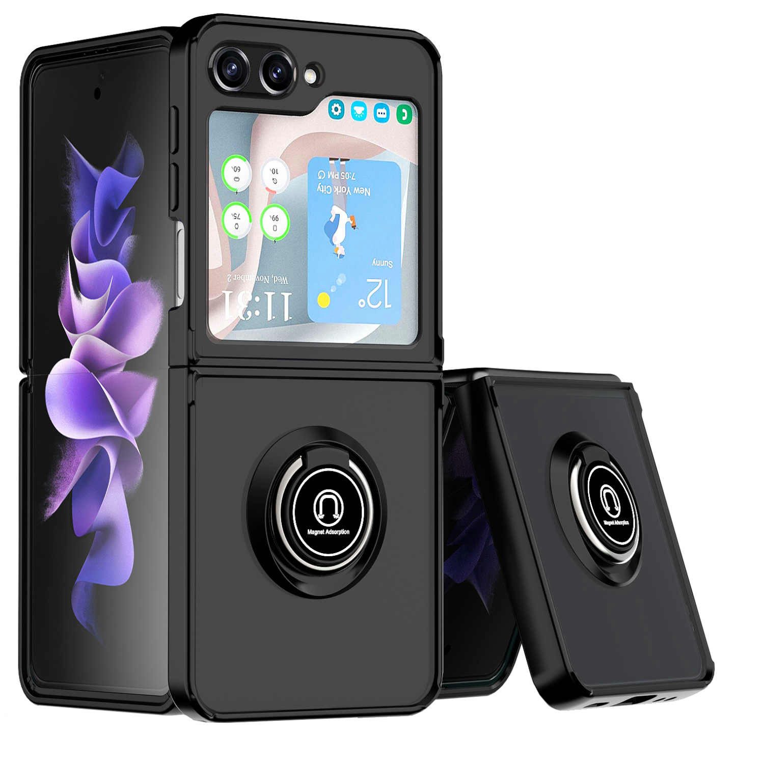 Wigento Handyhülle Für Samsung Galaxy Z Flip5 5G Ring Magnet Handy Tasche Hülle Schwarz