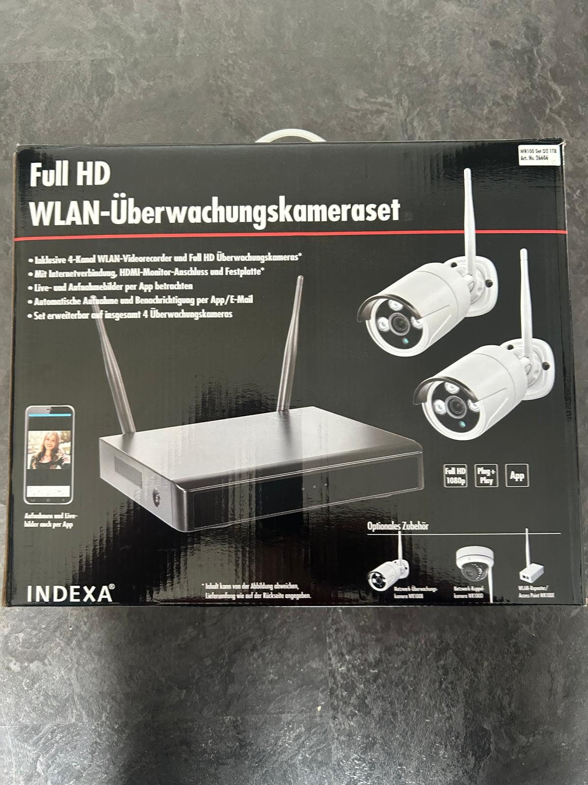 Indexa WLAN-NVR mit 2 Funk-Außenkameras WR100B, 4TB Festplatte HDD WiFi Gefahrenmeldeanlage