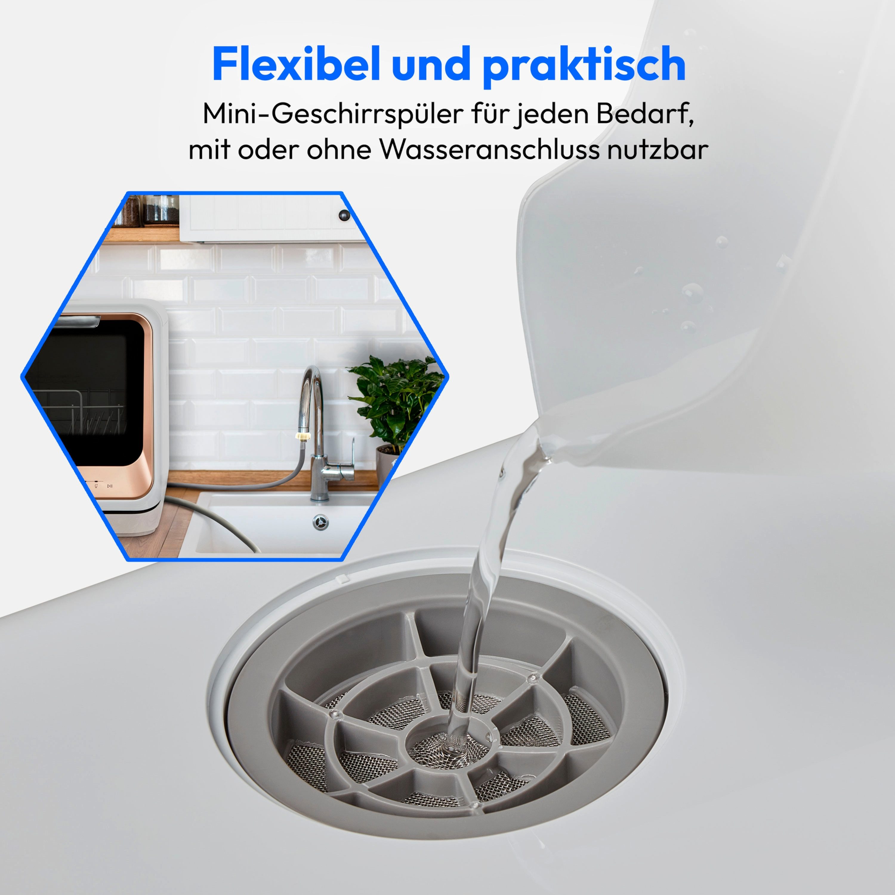 Medion® Tischgeschirrspüler MD37763, 2 Maßgedecke, mit/ohne Wasseranschluss, 6 Reinigungsprogramme, freistehend, gold – Bild 5 von 5