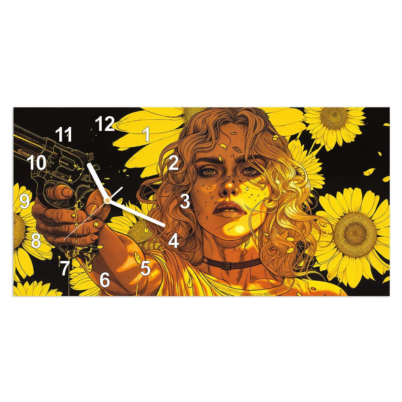 Wanduhr Glasuhr Wandkunst Größe 60 x 30 cm mit Motiv Sonnenblumenmädchen