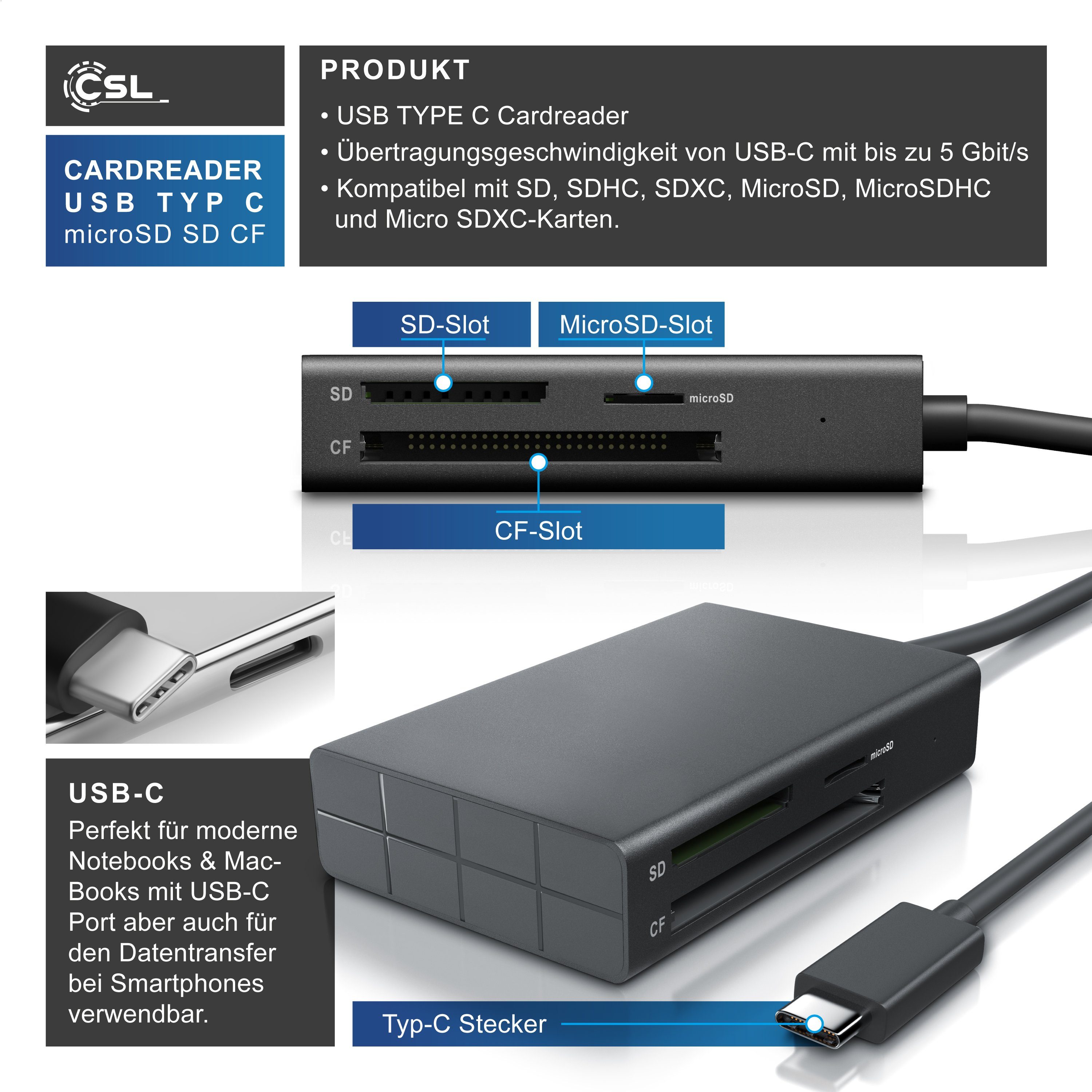 CSL USB-C Kartenlesegerät inkl. USB Kabel 3 in 1 Kartenleser mit USB 3.2 USB-Adapter, Speicherkartenleser für SD, SDHC, SDXC, MicroSD, MicroSDHC, Micro SDXC