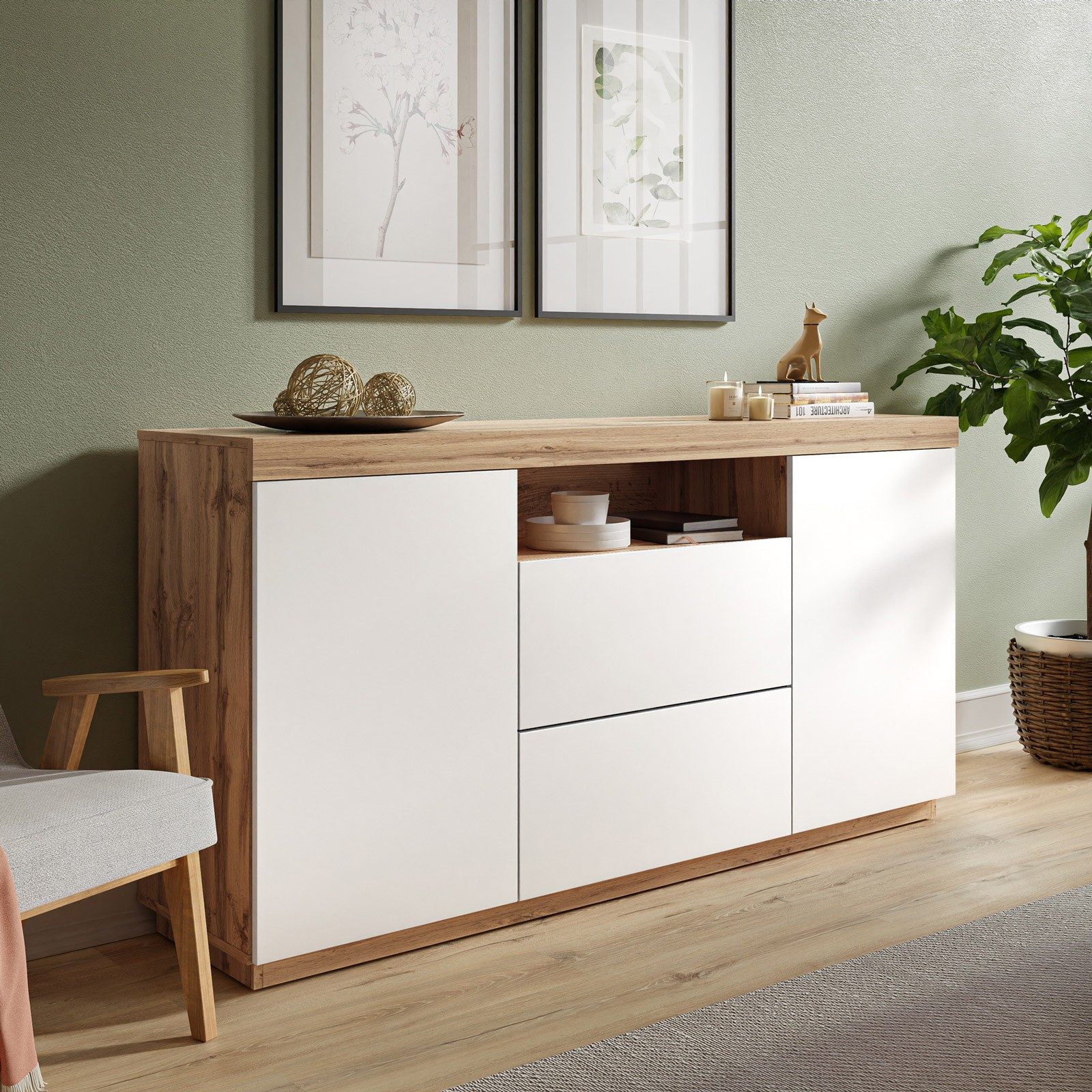 ALLHOUSE24 Kommode WIXI 164 cm Breite Sideboard matt Wotan Eiche PUSH TO OPEN (1x Kommode), Breite 164 cm