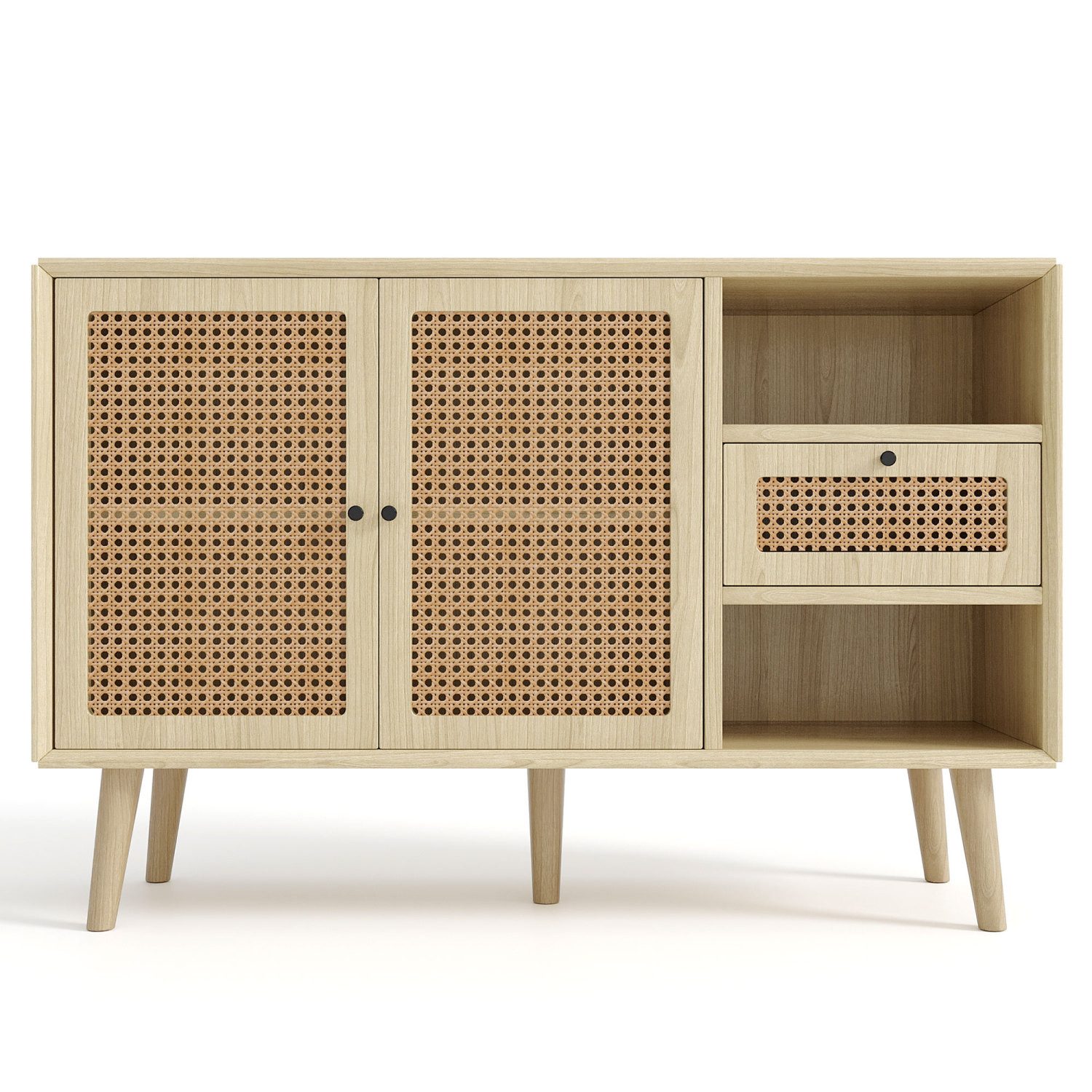 Flieks Sideboard, Kommode mit 1 Schubladen und 2 Türen Rattangeflecht 120x40x80cm