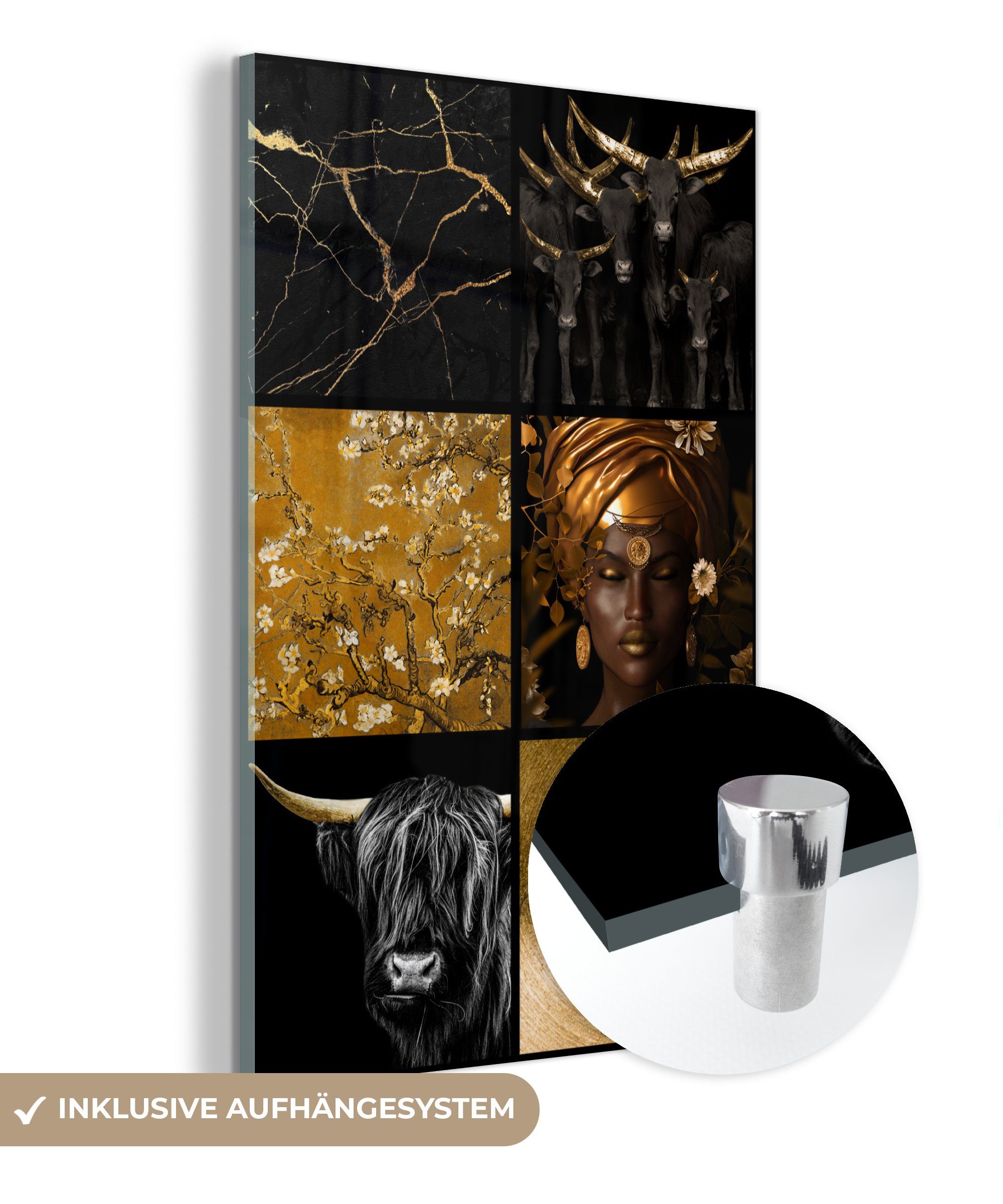 MuchoWow Acrylglasbild Collage - Gold - Tiere - Frau, (1 St), Glasbilder - Bilder auf Glas Wandbild - Foto auf Glas - Wanddekoration