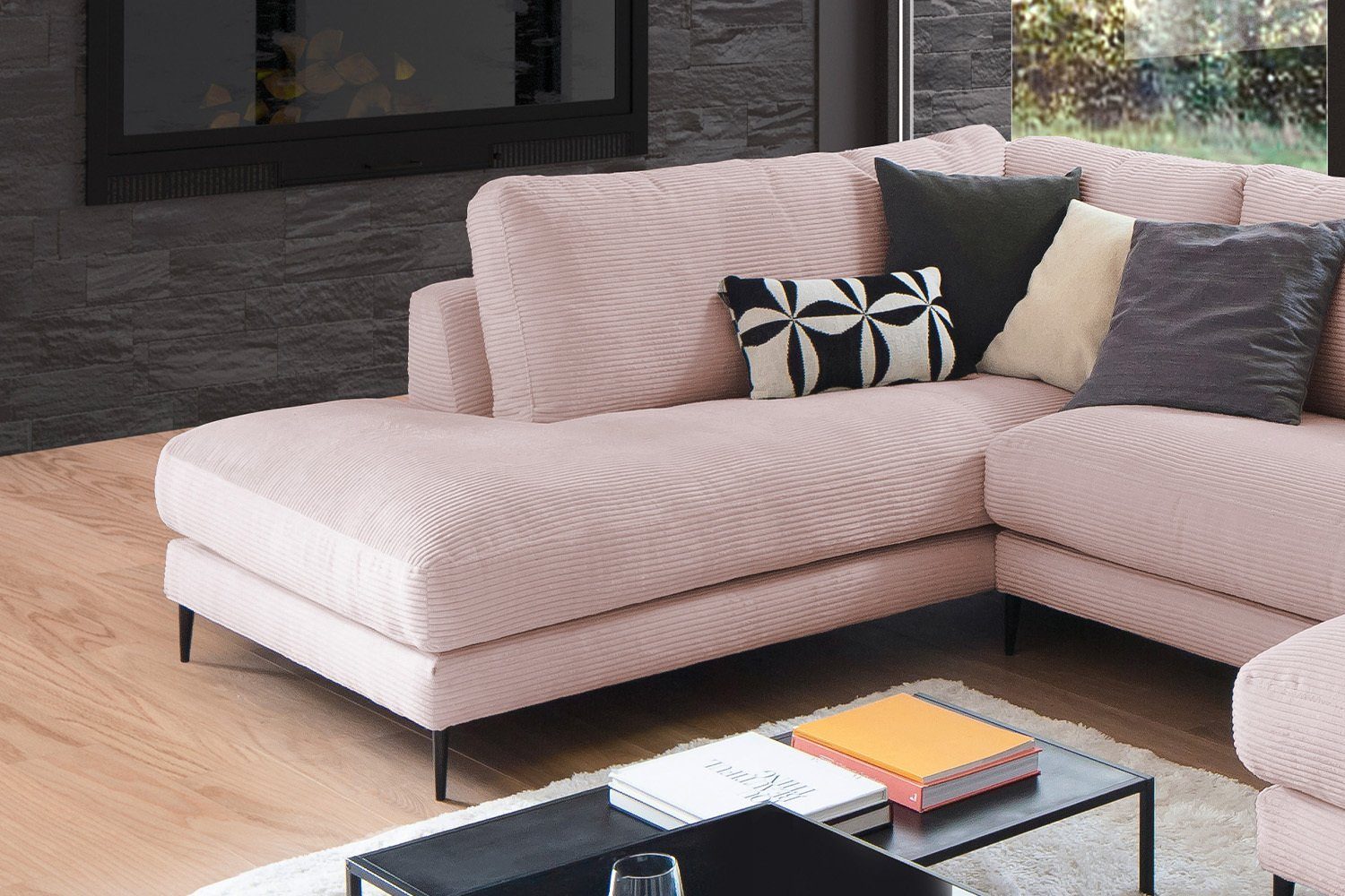 Longchair U-Form Sofa Wohnlandschaft links, od. Farben versch. CARA, rechts Cord, KAWOLA rosa