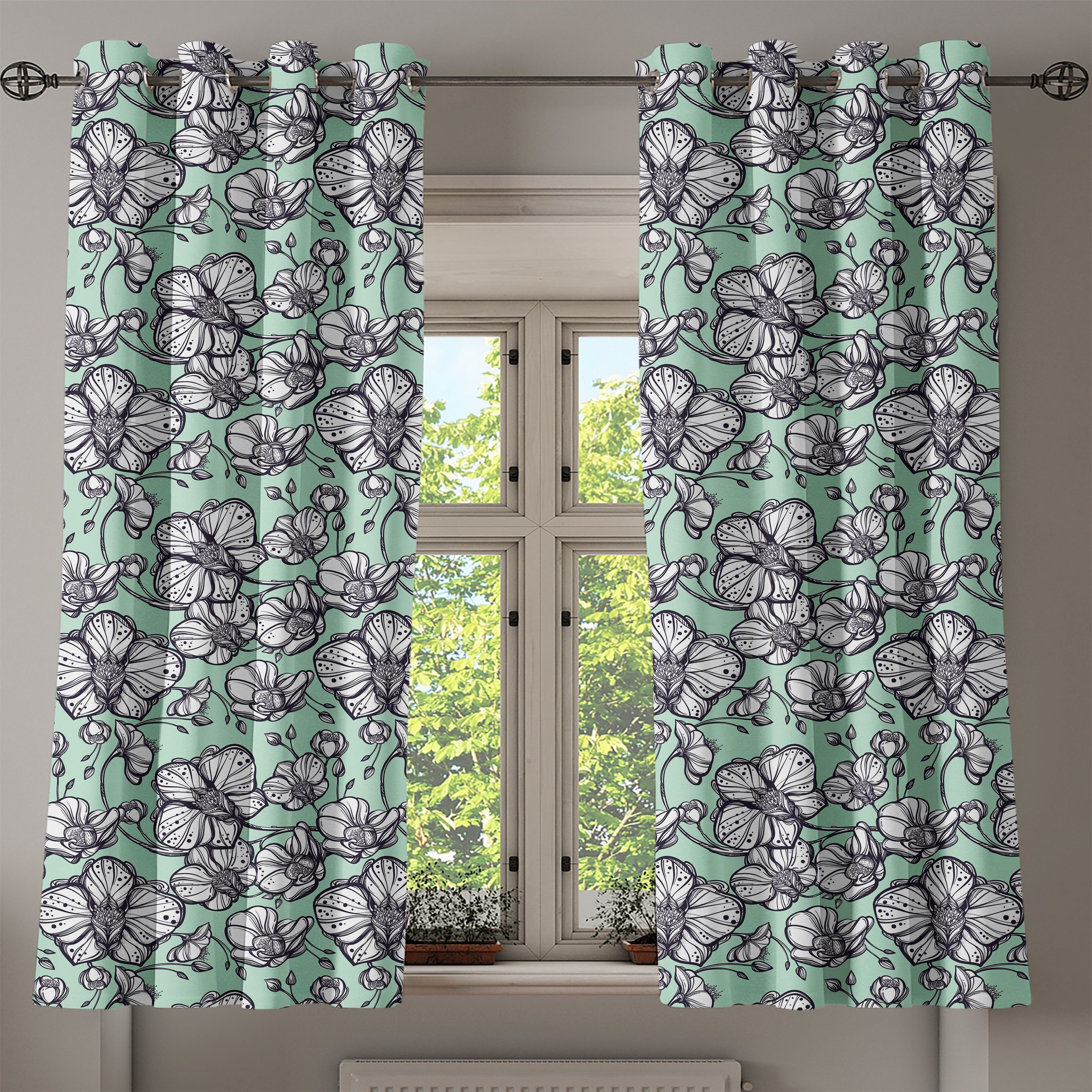 Abakuhaus, Schlafzimmer für Blumen Hand Gardine gezeichnetes Orchideen-Gekritzel 2-Panel-Fenstervorhänge Dekorative Wohnzimmer,