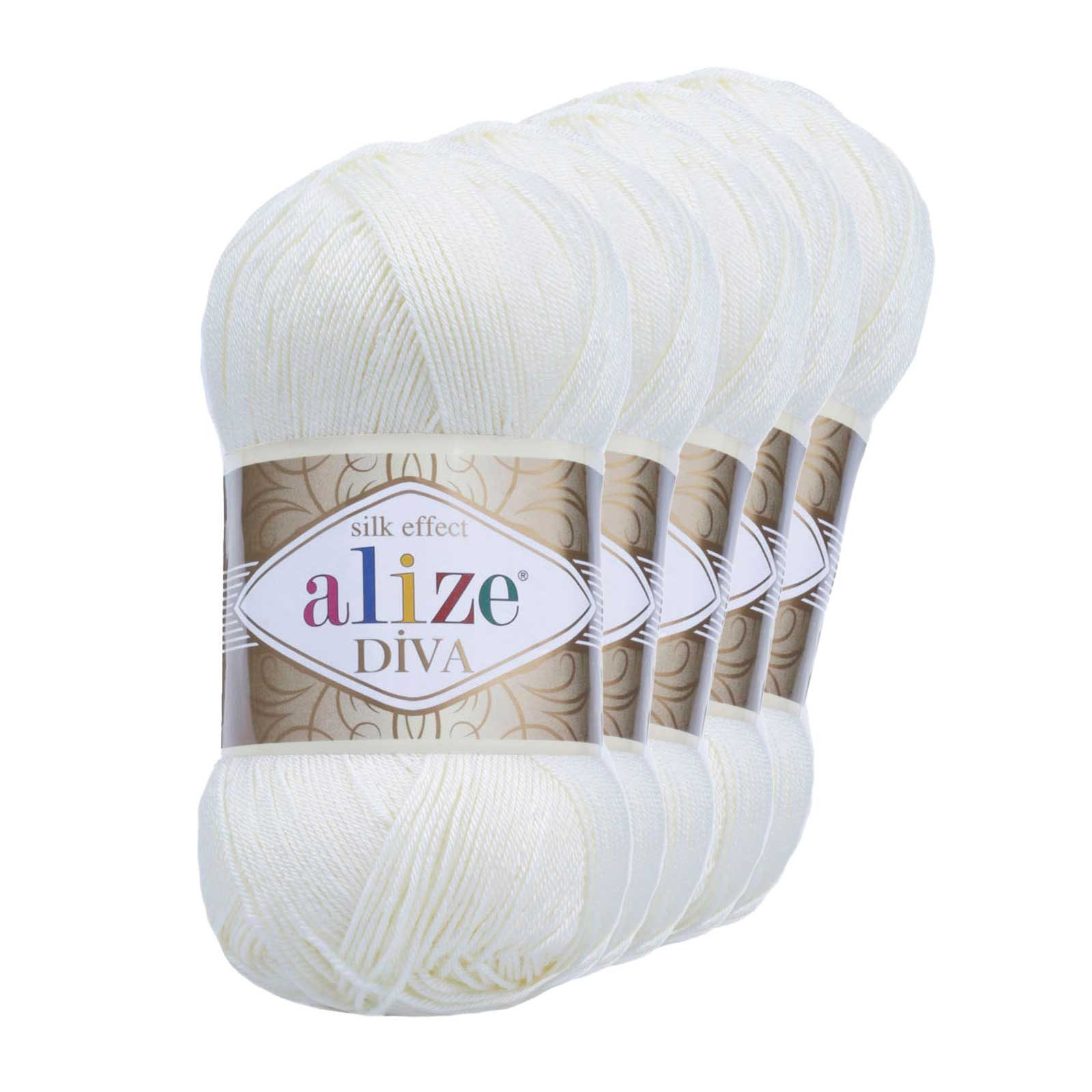 Alize 5 x 100g Strickgarn ALIZE DIVA - Häkelgarn Sommerwolle Häkelwolle, 350 m, 1055 sugar white