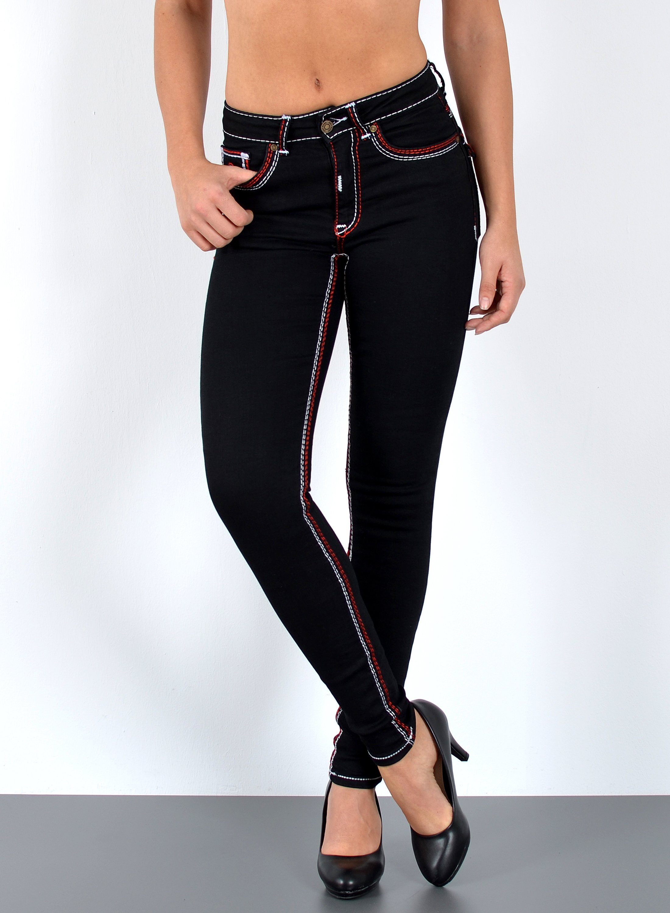 ESRA Skinny-fit-Jeans Jeans Damen Skinny Hose High Waist Jeanshose dicke Naht Jeans Skinny Jeans schwarz Damen Jeans Stretch Hose Schwarz Damen Jeans High Waist