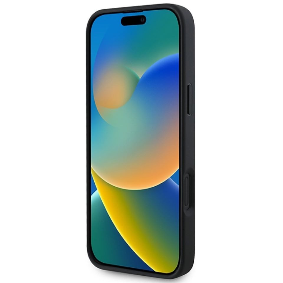 Guess Handyhülle iPhone 16 Plus schwarz glitzernde Optik Logo goldfarbig MagSafe 6,7 Zoll, Kantenschutz