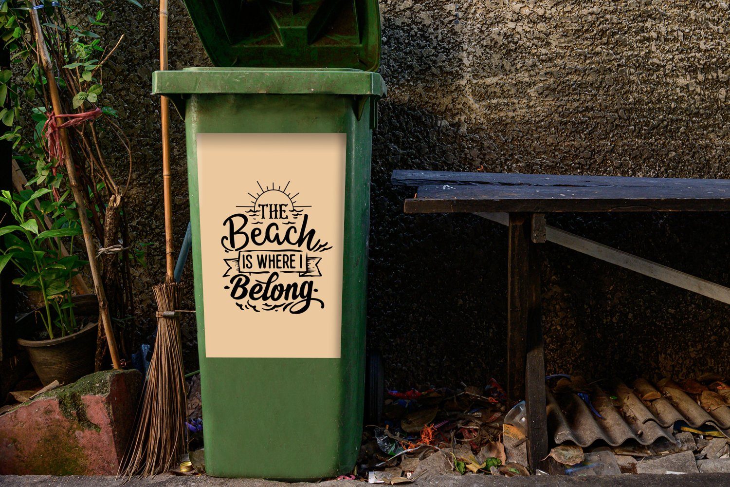 - Zitate - (1 St), MuchoWow Wandsticker Mülleimer-aufkleber, Mülltonne, Sticker, Strand Container, Beige Abfalbehälter