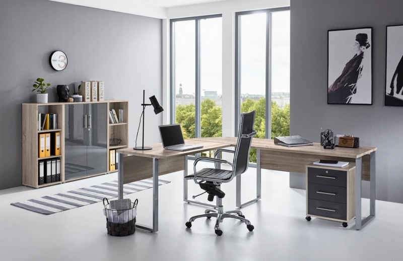 moebel-dich-auf Aktenschrank OFFICE EDITION Set 2 (Büromöbel-Set Aktenschränke abschließbar, 5-St., Set 2 Winkelschreibtisch + Rollcontainer + Highboard + Aktenregale) Hochglanz lackierte Fronten, Metallgriffe