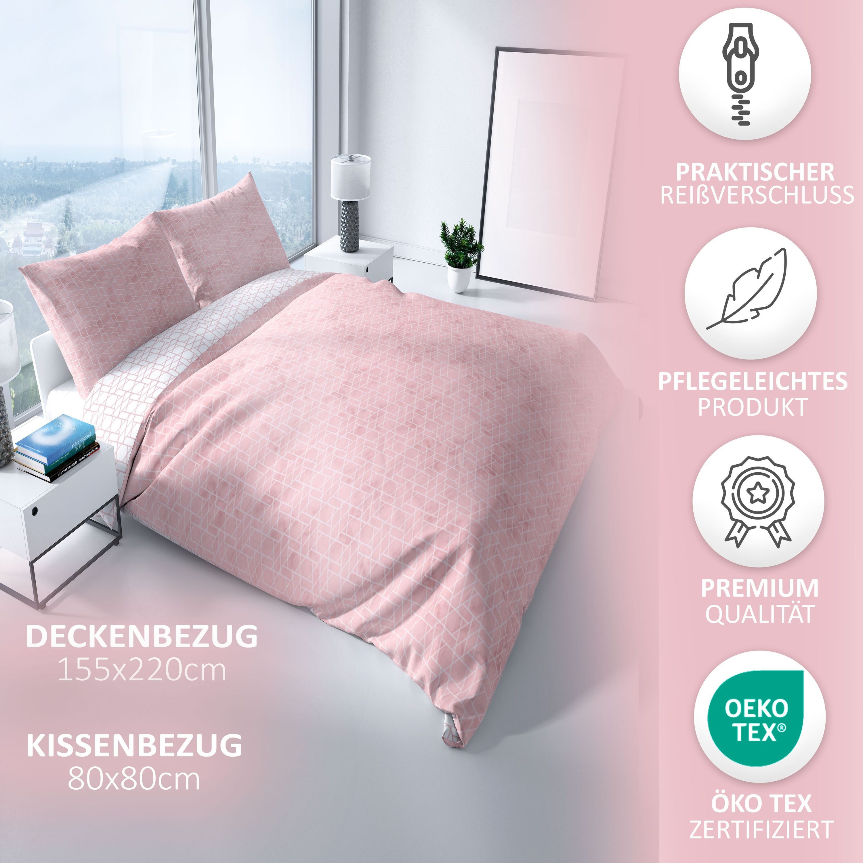 Leonado Vicenti Bettwäsche Baumwolle fein gewebt, Renforcé, 4 teilig, modernes Rauten Design in Rosa Weiß