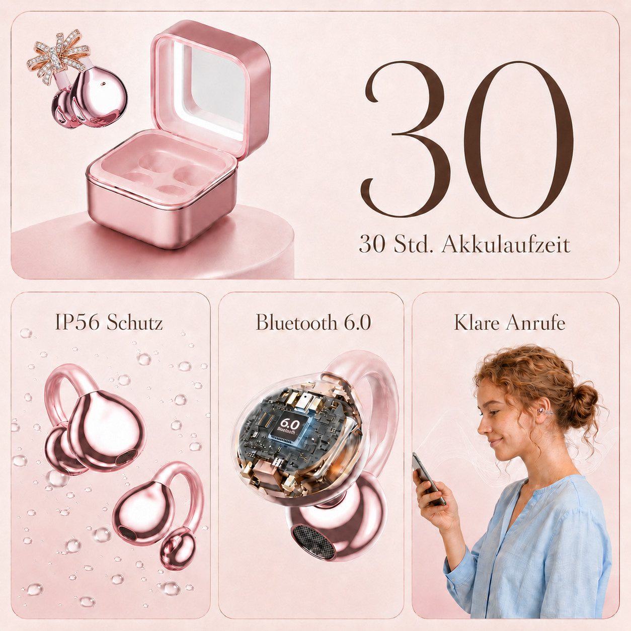 Futicare Kabellose Clip-On Bluetooth Kopfhörer mit Mikrofon,30 Std. Akku, IP56, Open-Ear-Kopfhörer (Bluetooth 6.0 Ohrclip Earbuds mit Spiegel-Ladebox, LED-Licht – Bild 4 von 5