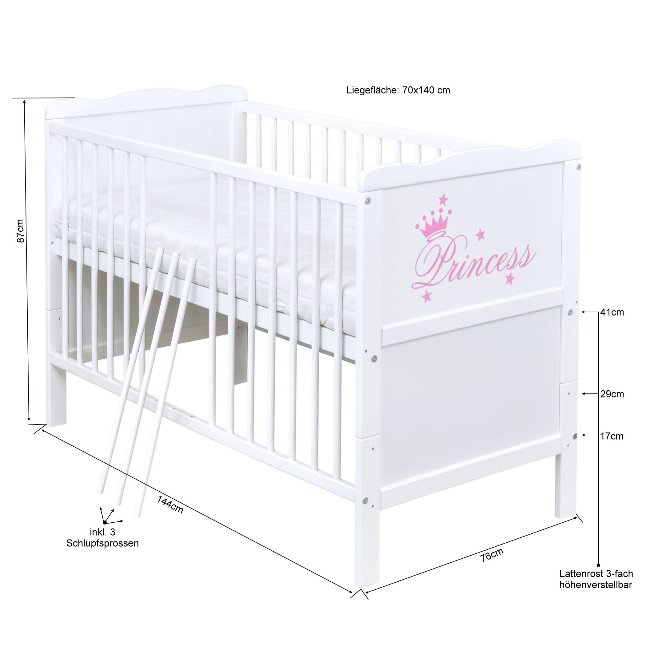 Baby-Delux Komplettbett Babybett Natalie Princess Komplettset, 10-tlg., Kinderbett 70x140 cm weiß, Bettset verschiedene Designs