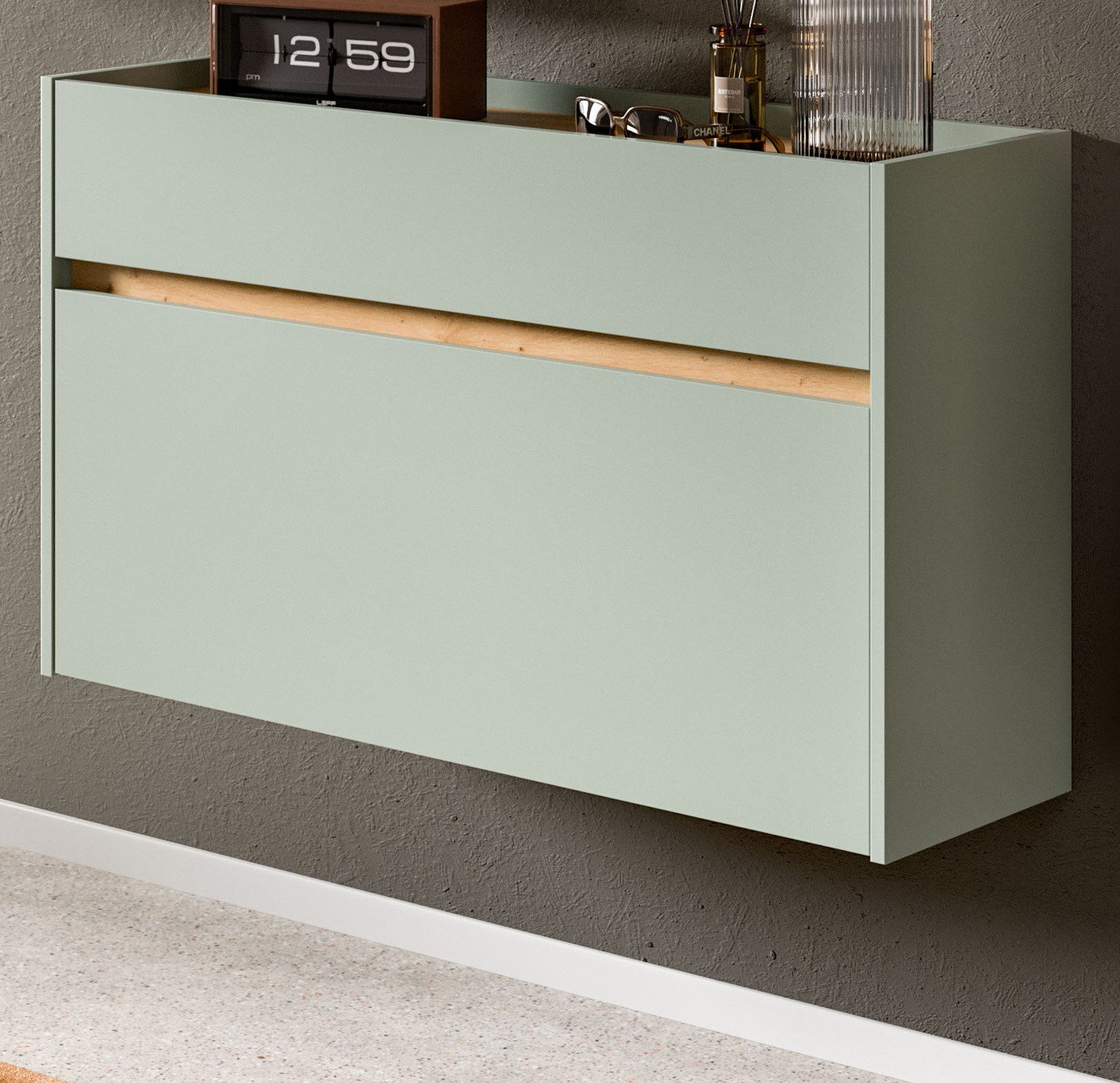 Inn.Furn Schuhkipper Borga (Flurkommode in Salbei Grün mit Eiche Artisan, Hängeschrank, 110 x 61 cm), als Hängeschrank, mit Schubkasten