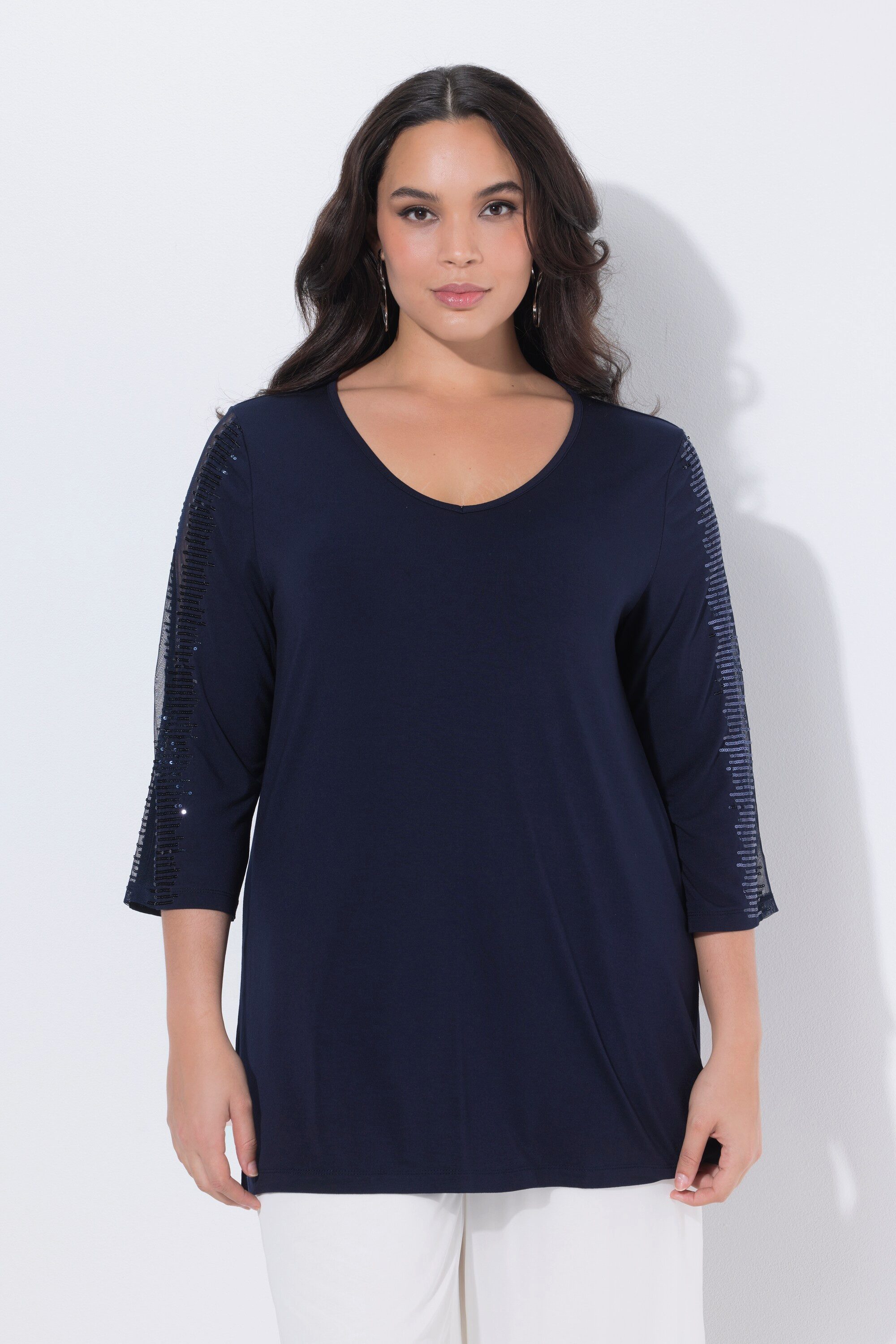 Ulla Popken Longshirt Longshirt Mesh-Einsatz Pailletten V-Ausschnitt
