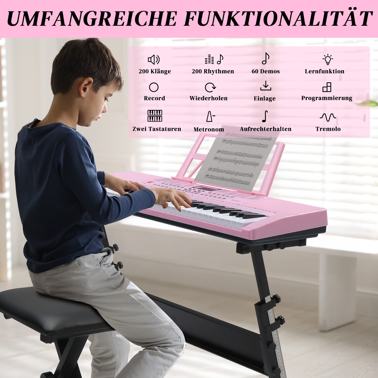 VINGLI Digitalpiano 61-Tasten Keyboard Piano Set mit Klavierständer, Klavierhocker, tragbar, LED-Bildschirm, 3 Lehrmodi, Schwarz/Weiß/Rosa – Bild 3 von 5