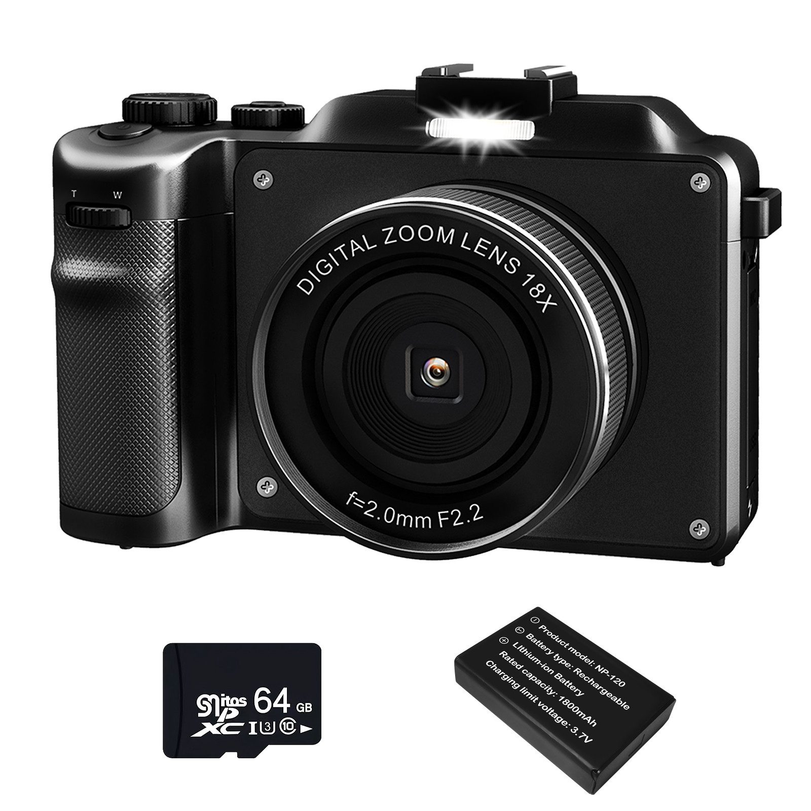 Fine Life Pro Digitalkamera, 4K HD 1080P Fotokamera Kompaktkamera (48 MP, 18X Digitalzoom,48MP Kompaktkamera mit 64 GB TF-Karte)