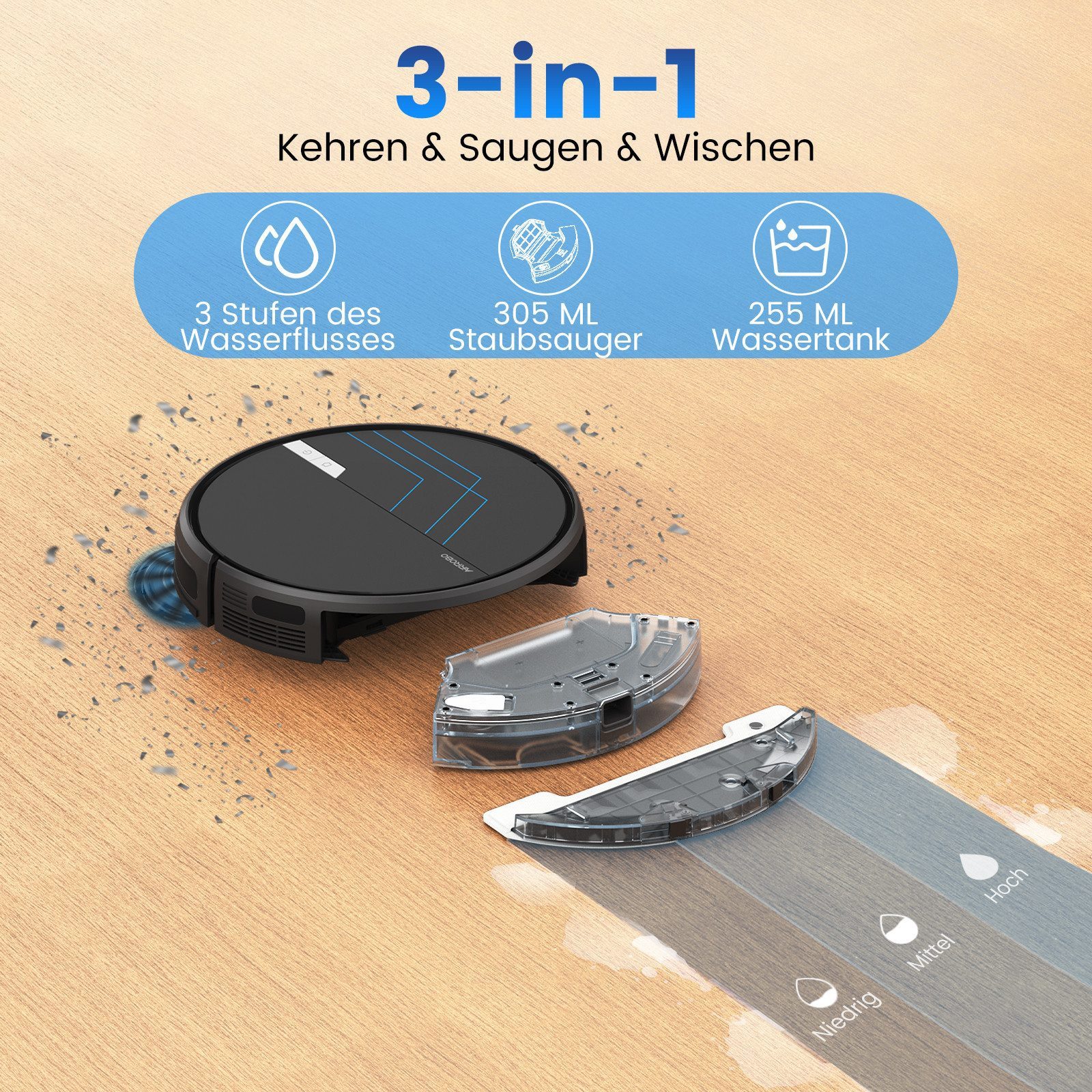 AIRROBO Saugroboter G50, 4000 Pa starke Saugkraft, 4 Reinigungsmodi,120 min Laufzeit, 45 W, App & Fernbedienung, ultradünn 7,8 cm, für Tierhaare & Hartböden,Zwei Jahre Garantie P30