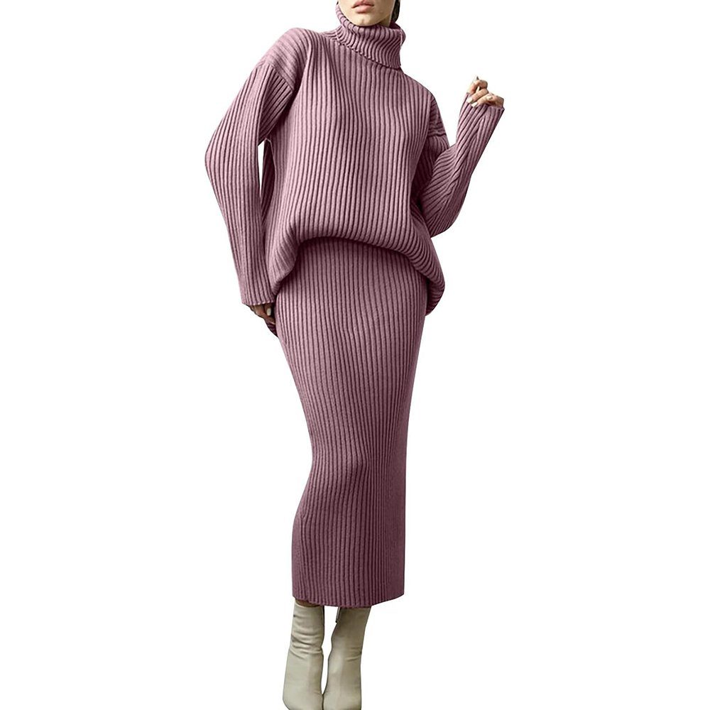 Zeaicos 2-in-1-Kleid Damen Pulloverkleid Strickpullover Fuchsie Stück Set 2