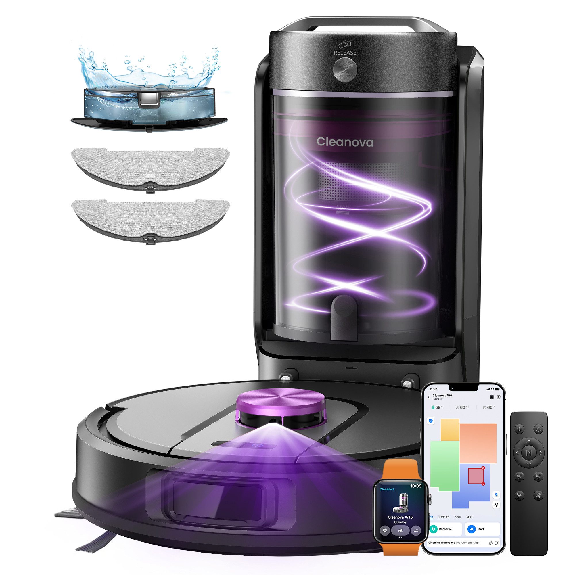 Vactidy Saugroboter W15 3-in-1, 10000Pa/180Min/4L, Roboter Staubsauger mit Wischfunktion, beutellos, mit Staubabsaug- und Selbstentleerungsfunktion, Saug und Wischroboter