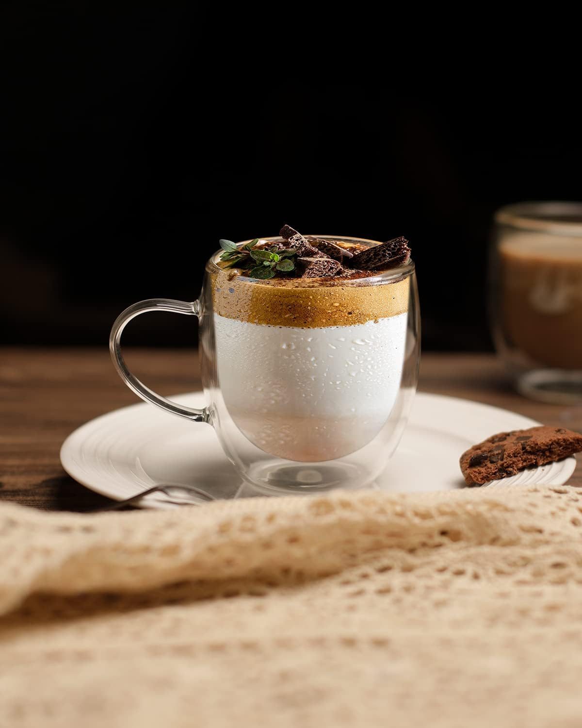 LIBWYS Thermotasse Doppelwandige Kaffeetassen aus Glas 4x250 ml mit Griff und Löffel, Glas, Doppelwandige Glastassen mit Griff für Kaffee, Tee und Heißgetränke