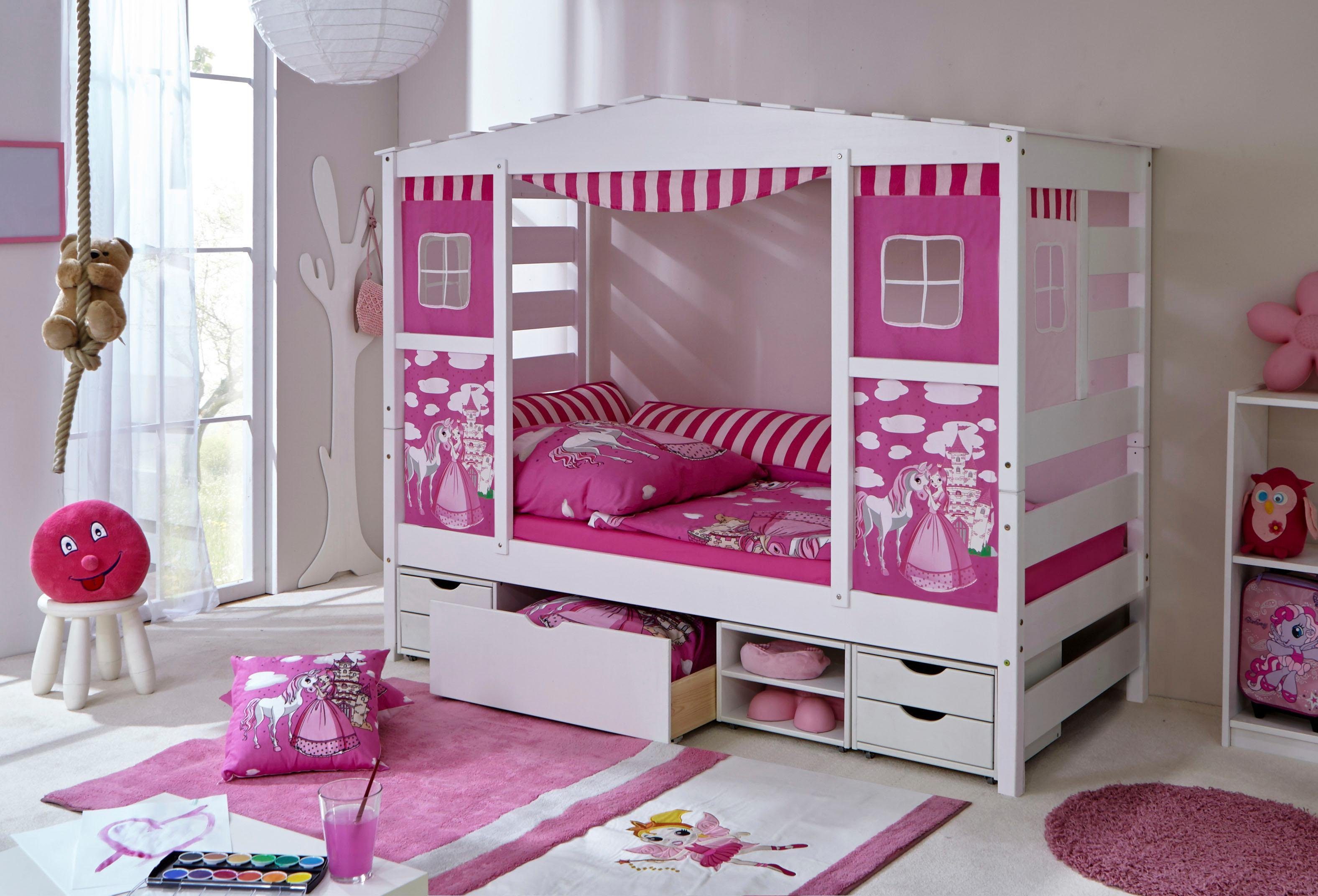 Ticaa Kinderbett Lio, Hausbett Kiefer massiv weiß gewachst-Textil-Set »Prinzessin«