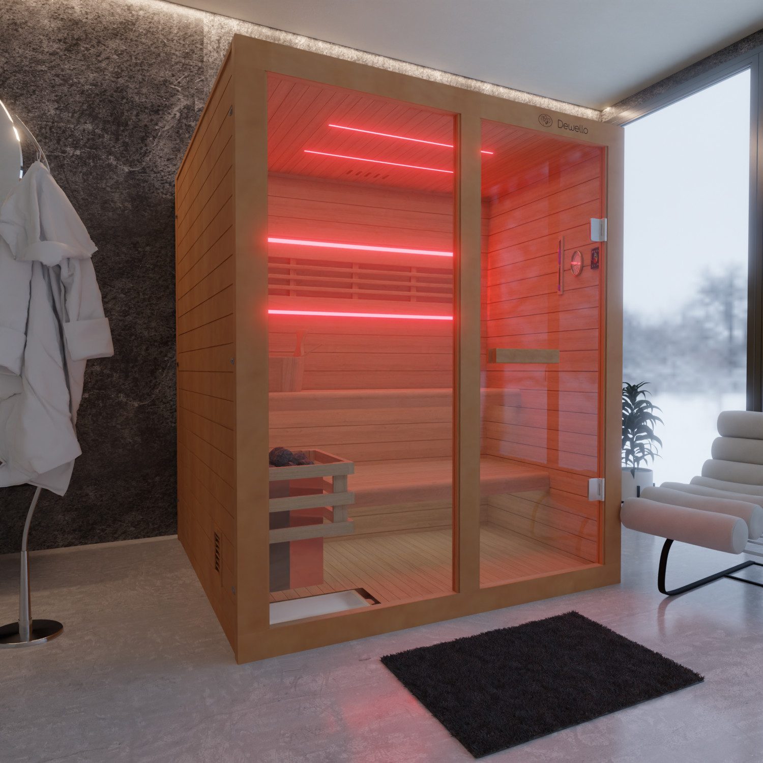 Dewello Eckdusche TOFINO 160x150 Finnische Sauna, 3 Personen, Saunaofen, Harvia 4,5KW, Sauna aus Hemlock-Tannenholz, leichter Aufbau dank Stecksystem – Bild 2 von 5