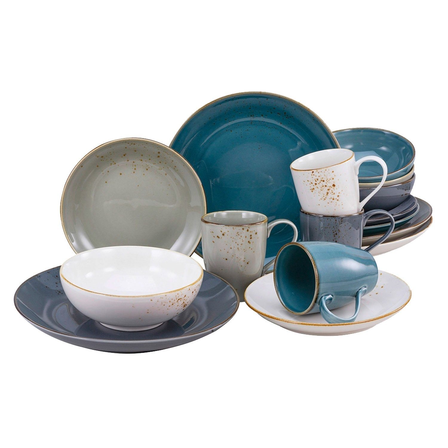 CreaTable Комбинированное обслуживание NORDIC STYLE, Anthrazit, Blau, Creme, Taupe, (16-tlg), 4 Personen, Steinzeug