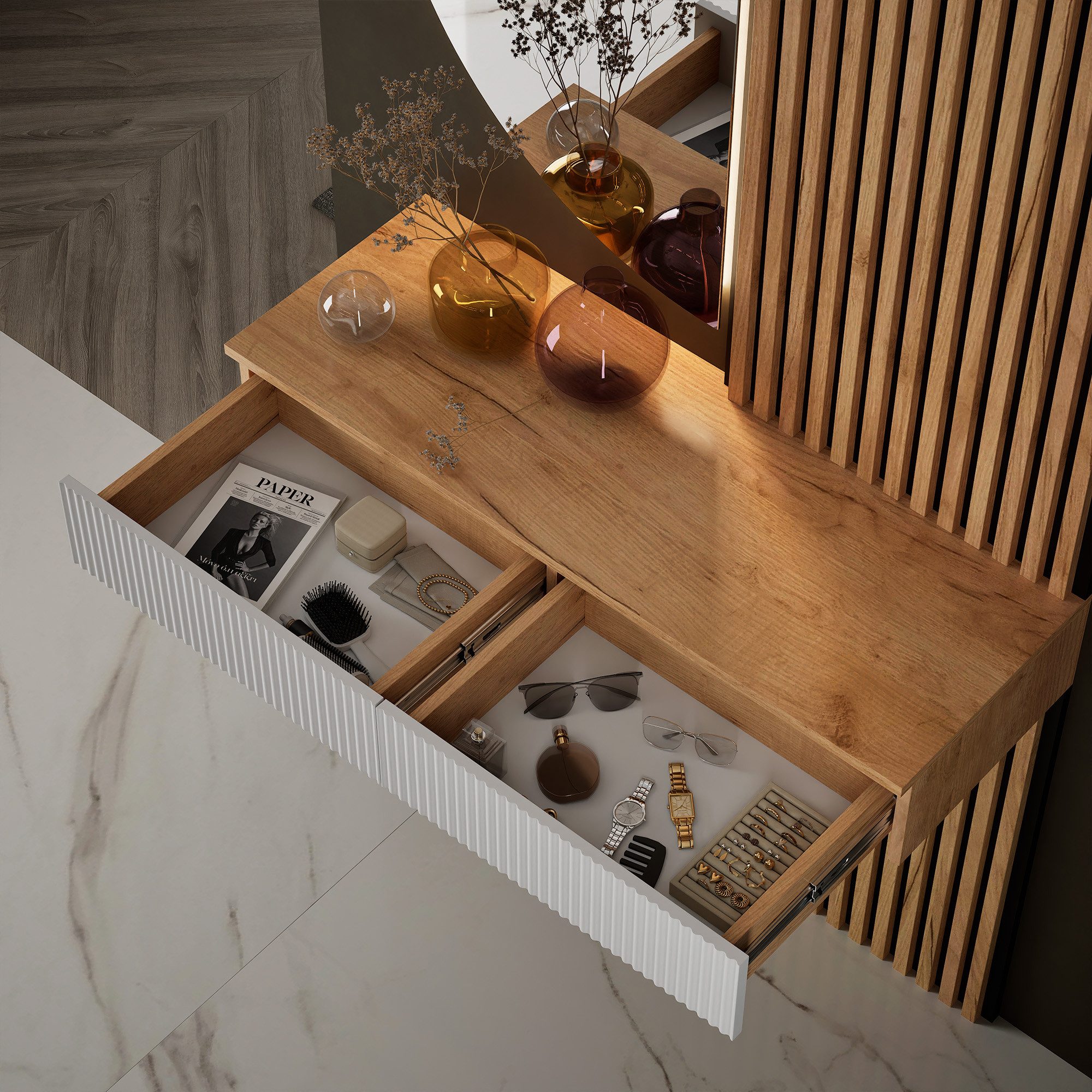 Planetmöbel Garderoben-Set AMYRA Flur Garderobe Spiegel mit Beleuchtung & Akustikpaneele, (LED Spiegel NIVORA 50 x 100 cm, Touch-Funktion, Dimmbar, Konsolentisc – Bild 4 von 5