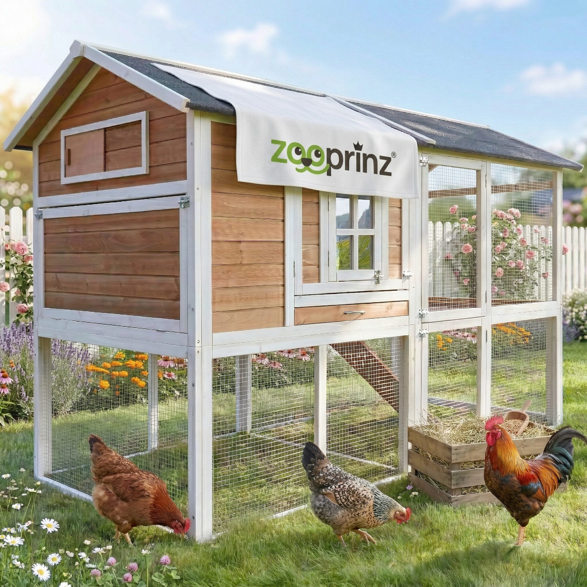 Zooprinz Hühnerstall Alpenhof mit Nistkasten und Freilauf, 211x145x105 cm (BxHxT), wetterfestes Kiefernholz