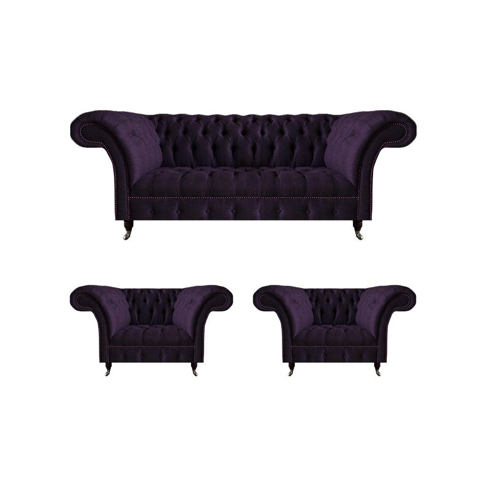 JVmoebel Chesterfield-Sofa Dreisitzer Sofa in Lila mit Stoffbezug und 2 Sesseln, 3 Teile, Made in Europa