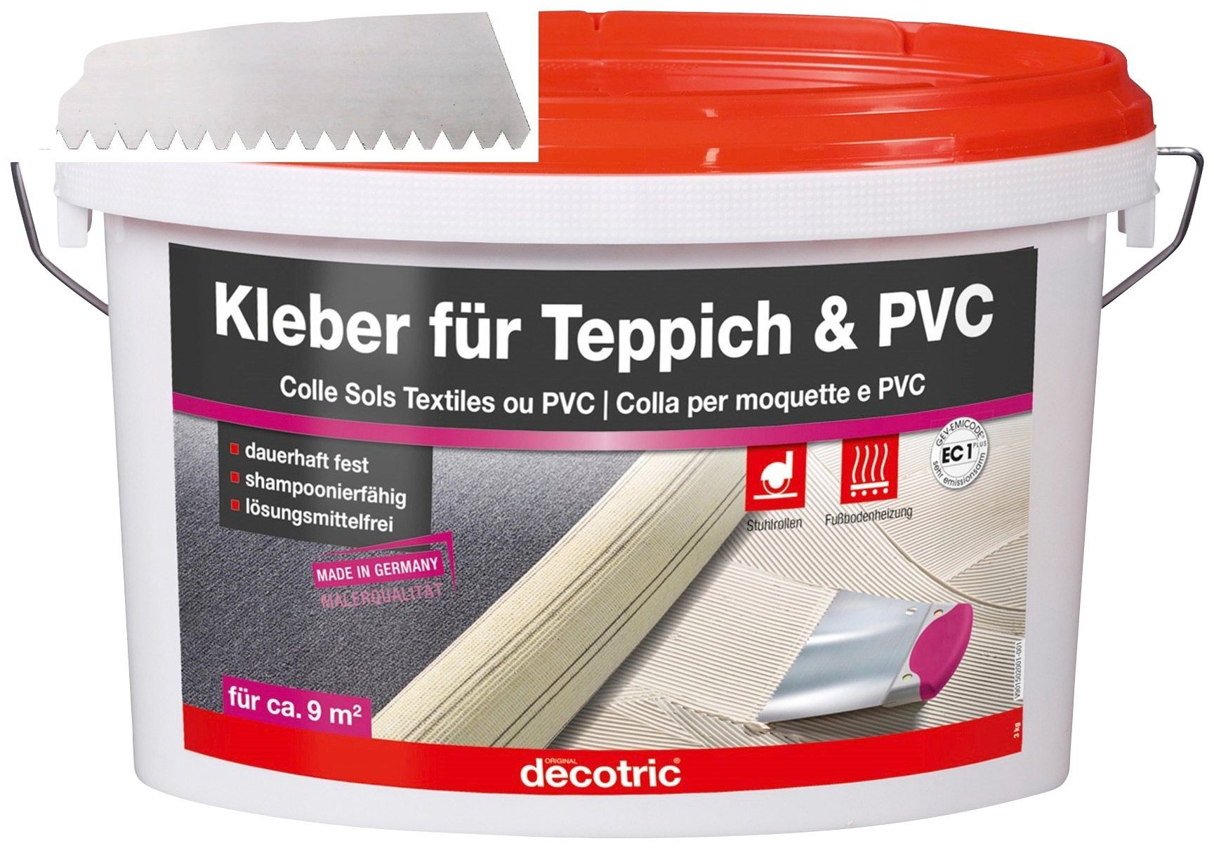 Bodenmeister Dispersionskleber und reicht für Teppichboden, 3kg Zahnspachtel, (2-tlg), PVC Vinyl, für 12qm und ca. Kleber