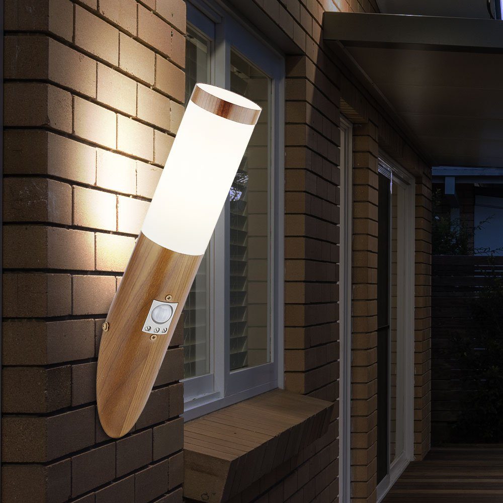 mit Leuchtmittel Bewegungsmelder etc-shop Außenwandlampe Fackel Wandleuchte Edelstahl Außen-Wandleuchte, Warmweiß, inklusive, Braun Garten