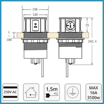 Elbe Inno Mehrfachsteckdose Steckdose Versenkbar Einbau-Tischsteckdose 5-fach (LED-Statusanzeige, USB Anschluss, USB-C Anschluss, 3-fach Steckdose, Kindersicherung, Überspannungsschutz, Kabellänge 1.5 m), platzsparend, Edelstahlabdeckung