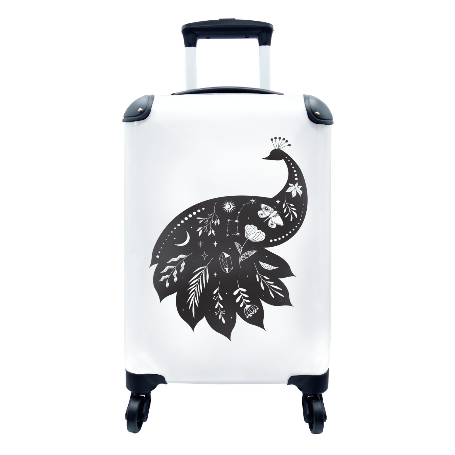 MuchoWow Handgepäckkoffer Moderne Kunst mit einem Pfau auf weißem Hintergrund, 4 Rollen, Reisetasche mit rollen, Handgepäck für Ferien, Trolley, Reisekoffer