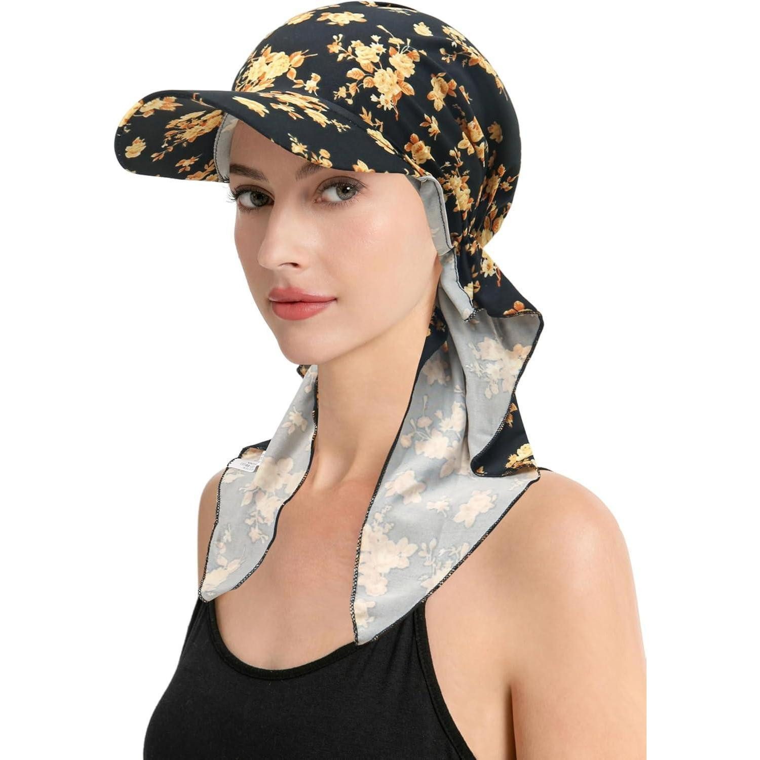LuxusKollektion Beanie Kopfbedeckung Chemo Damen Mütze Beanie Krempe Gelbe Blumen Schwarz