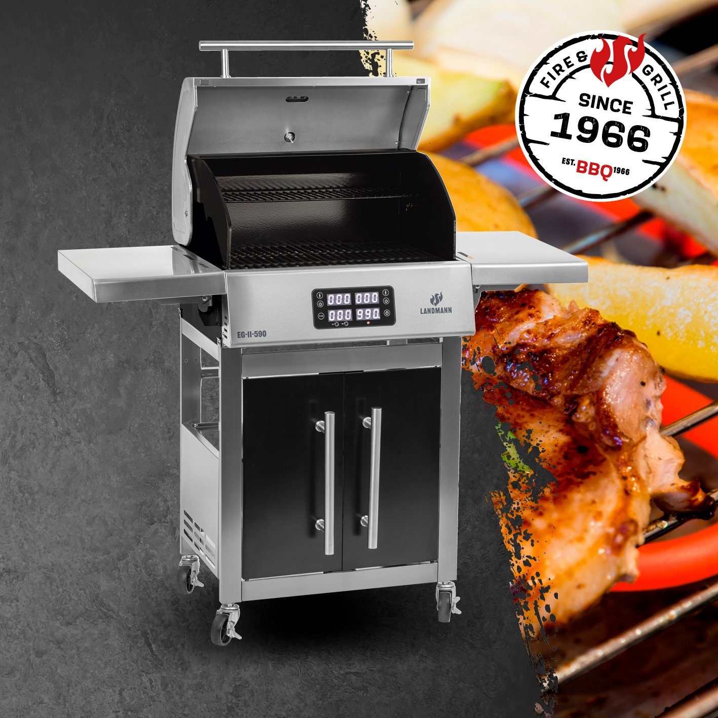 LANDMANN Elektrogrill BBQ ohne Gas & ohne Kohle Grillstation silber, 3200,00 W, 2 Fleischthermometern & Deckelthermometer