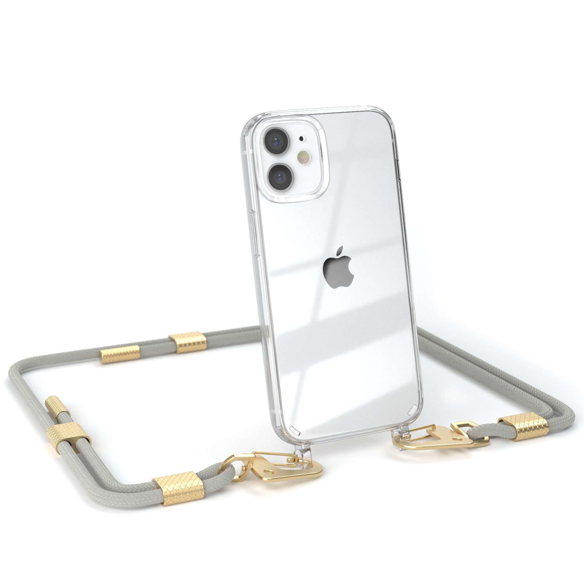 EAZY CASE Handykette Silikonhülle mit Kette für Apple iPhone 12 Mini 5,4 Zoll, Schutzhülle zum Umhängen Handyhülle mit Umhängeband Schwarz Grau Taupe