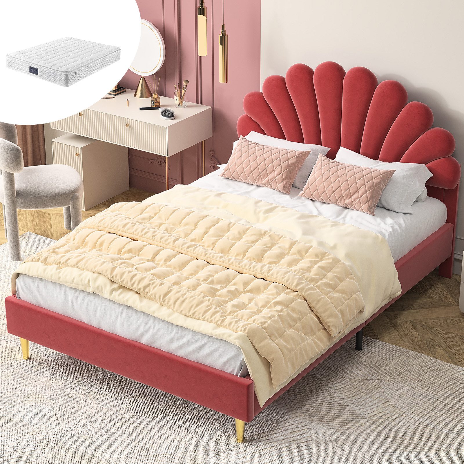 zebery Polsterbett Kinderbett Doppelbett Blütenblattform (Set, 1-tlg., 140x200cm Bett), Samt,Rosa