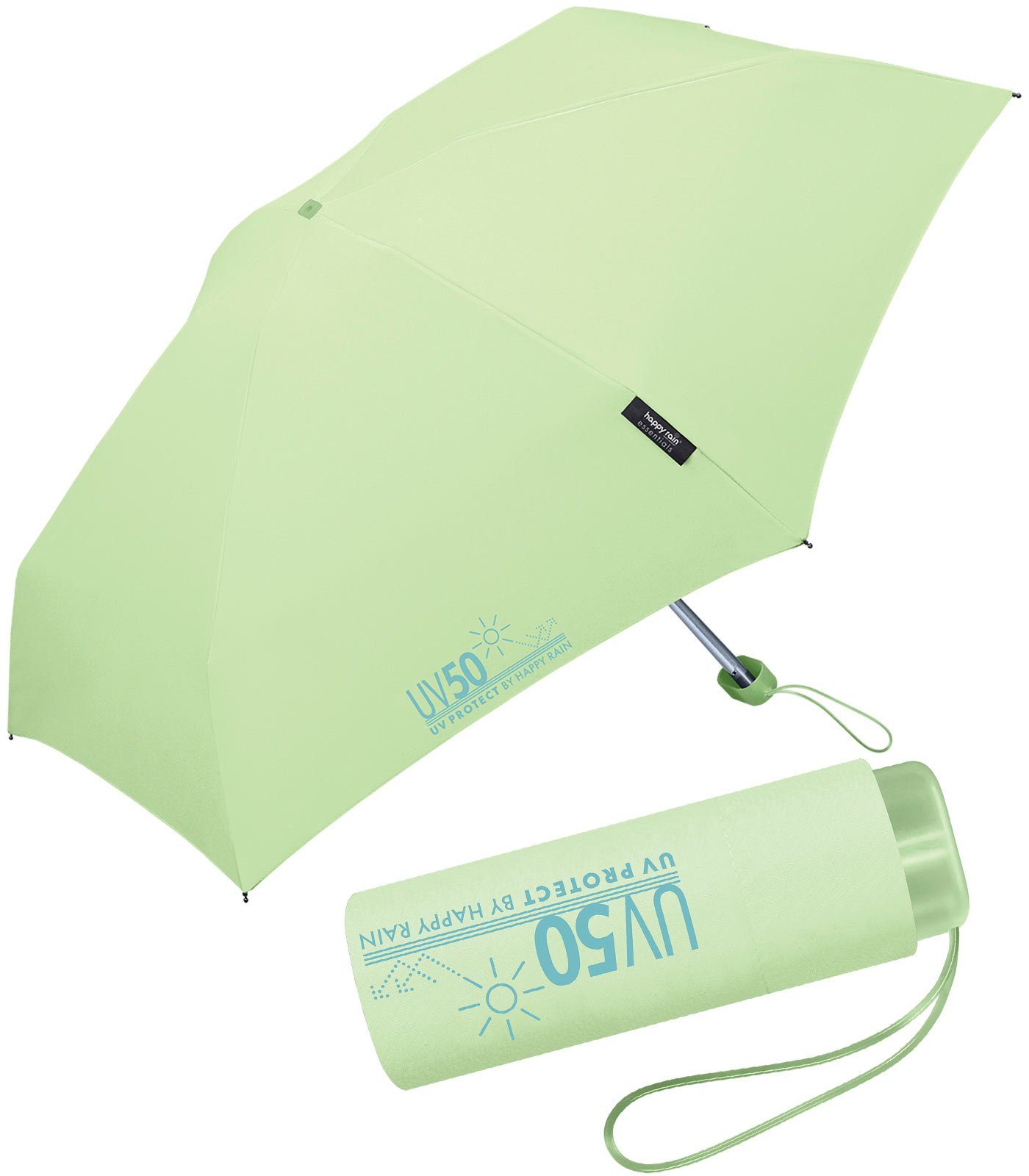 HAPPY RAIN Taschenregenschirm UV-Protect UV50 vor und - Sonnenschutz, Regen schützt Sonne für mit klein Mini unterwegs winzig Ultra grün Flat