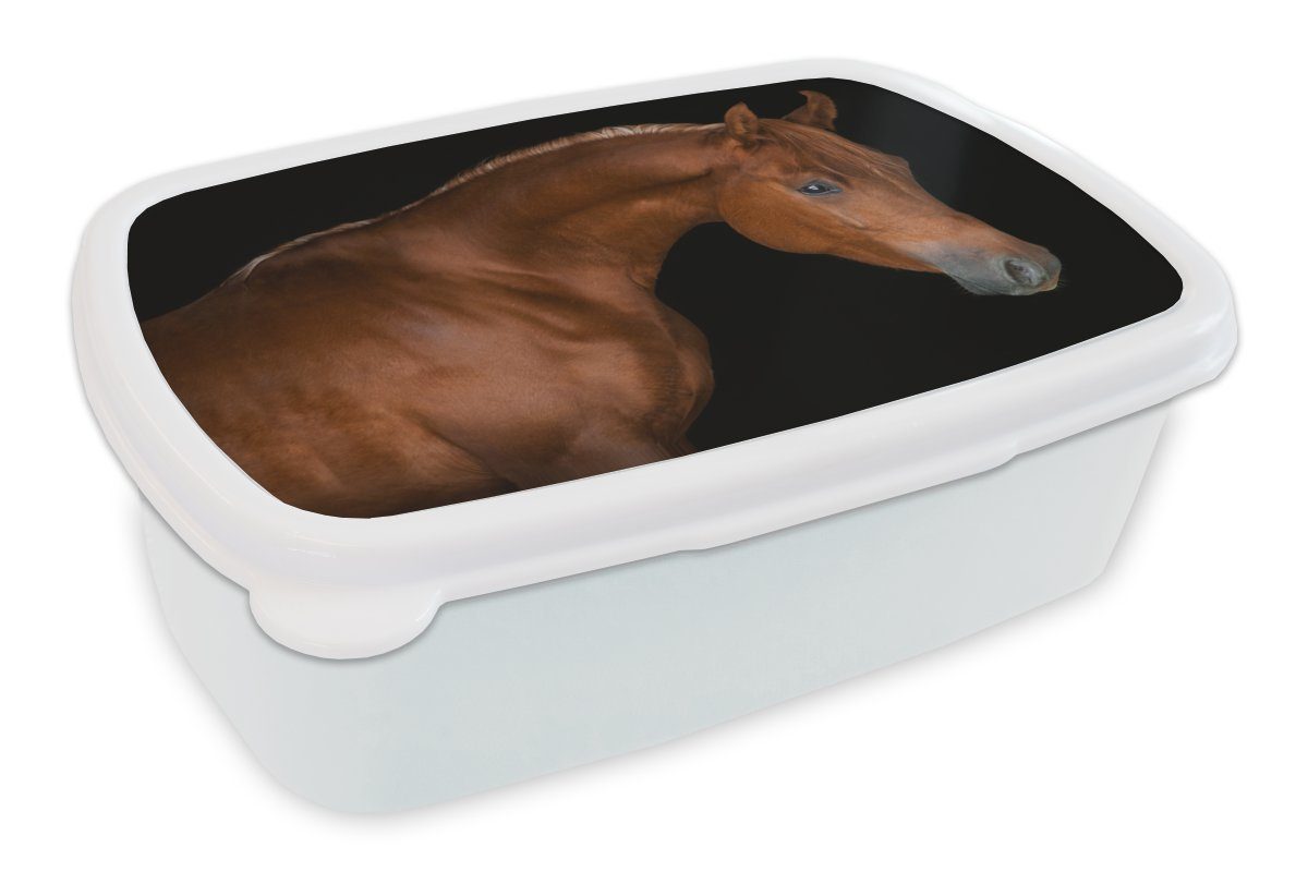 MuchoWow Lunchbox Pferd - Schwarz - Braun, Kunststoff, (2-tlg), Brotbox für Kinder und Erwachsene, Brotdose, für Jungs und Mädchen weiß