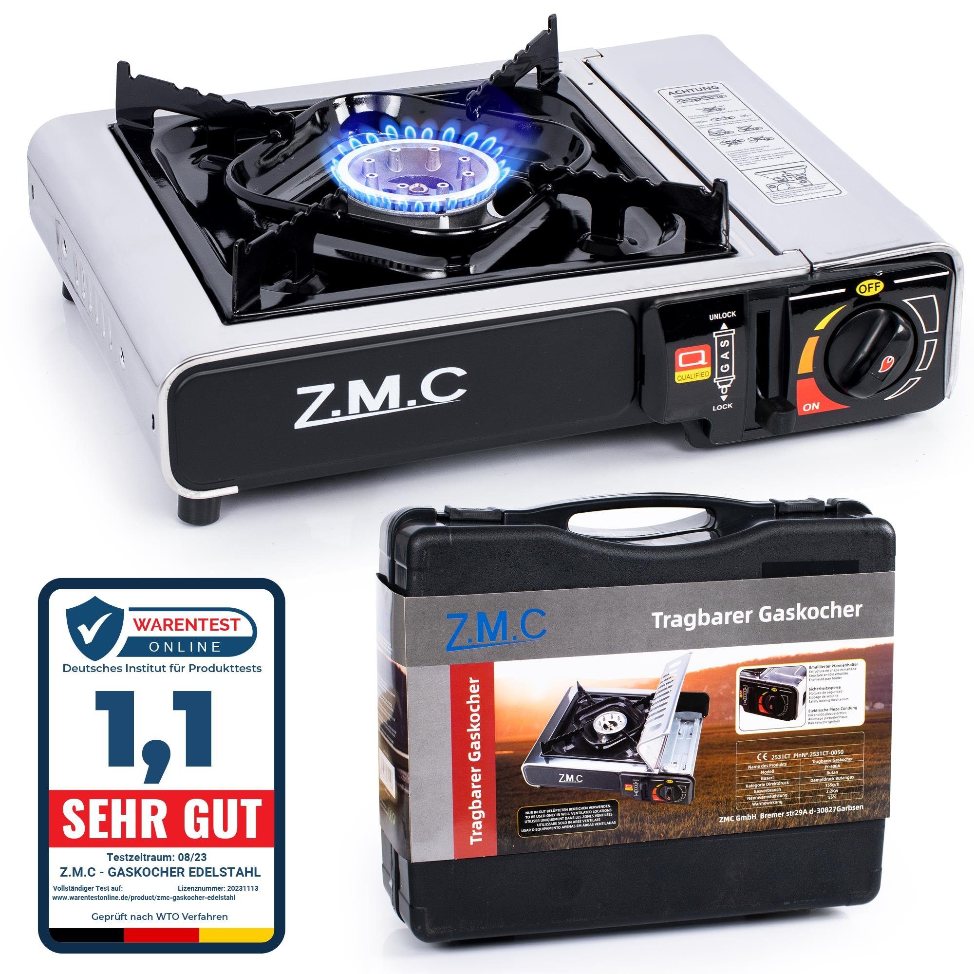 Kocher Kochfeld), ZMC Kartuschenkocher Outdoor Tragbarer Camping Gaskocher Edelstahl Campingkocher Transportkoffer Gas 2,2KW Flammig, Gaskocher (Wärmeleistung: + Herd 1