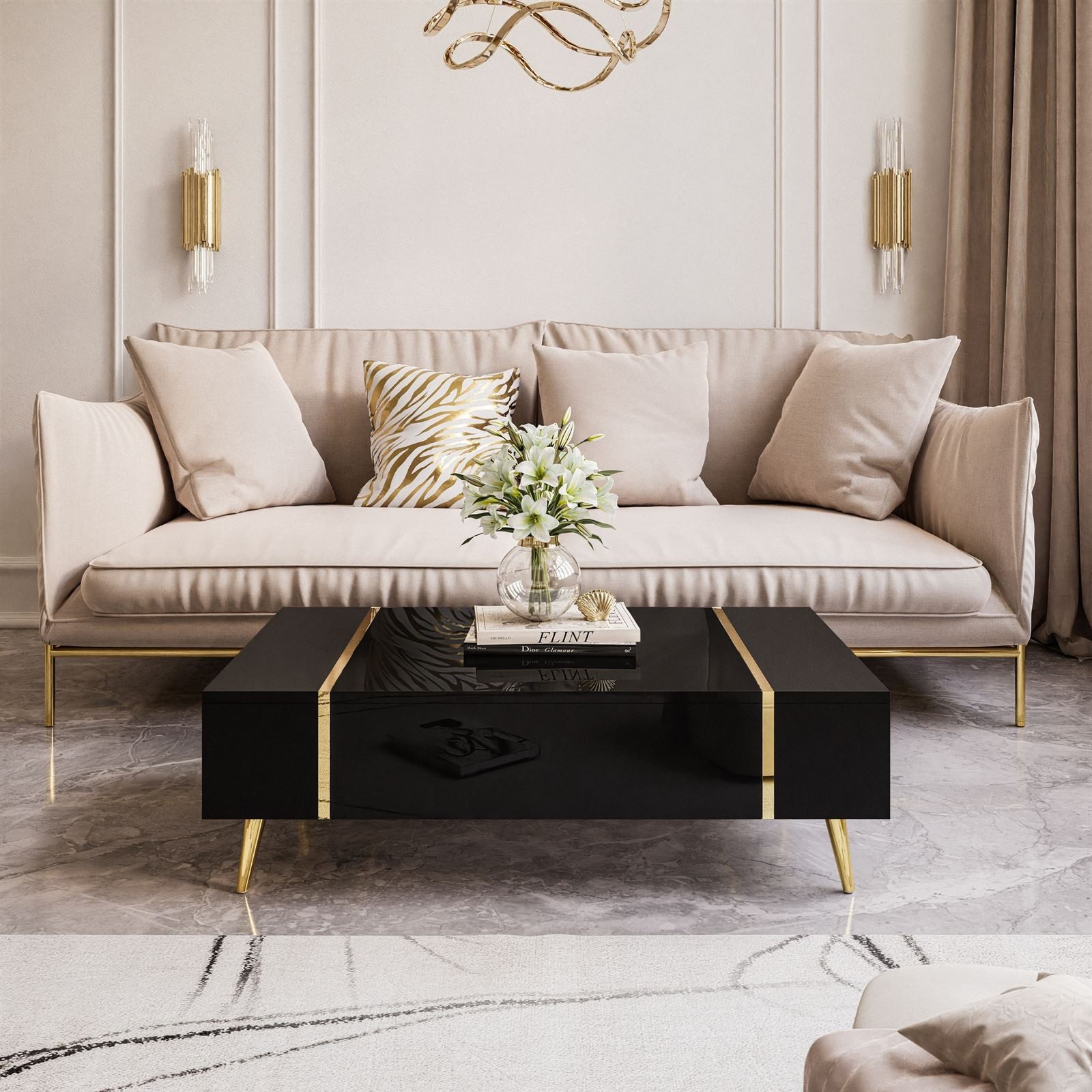 ALLHOUSE24 Wohnzimmer-Set DIAMANT Schwarz Hochglanz GOLD Metallfüßen Wohnzimmer Möbel SET, (3-St), Das Set besteht aus: Kommode, TV Schrank, Couchtisch