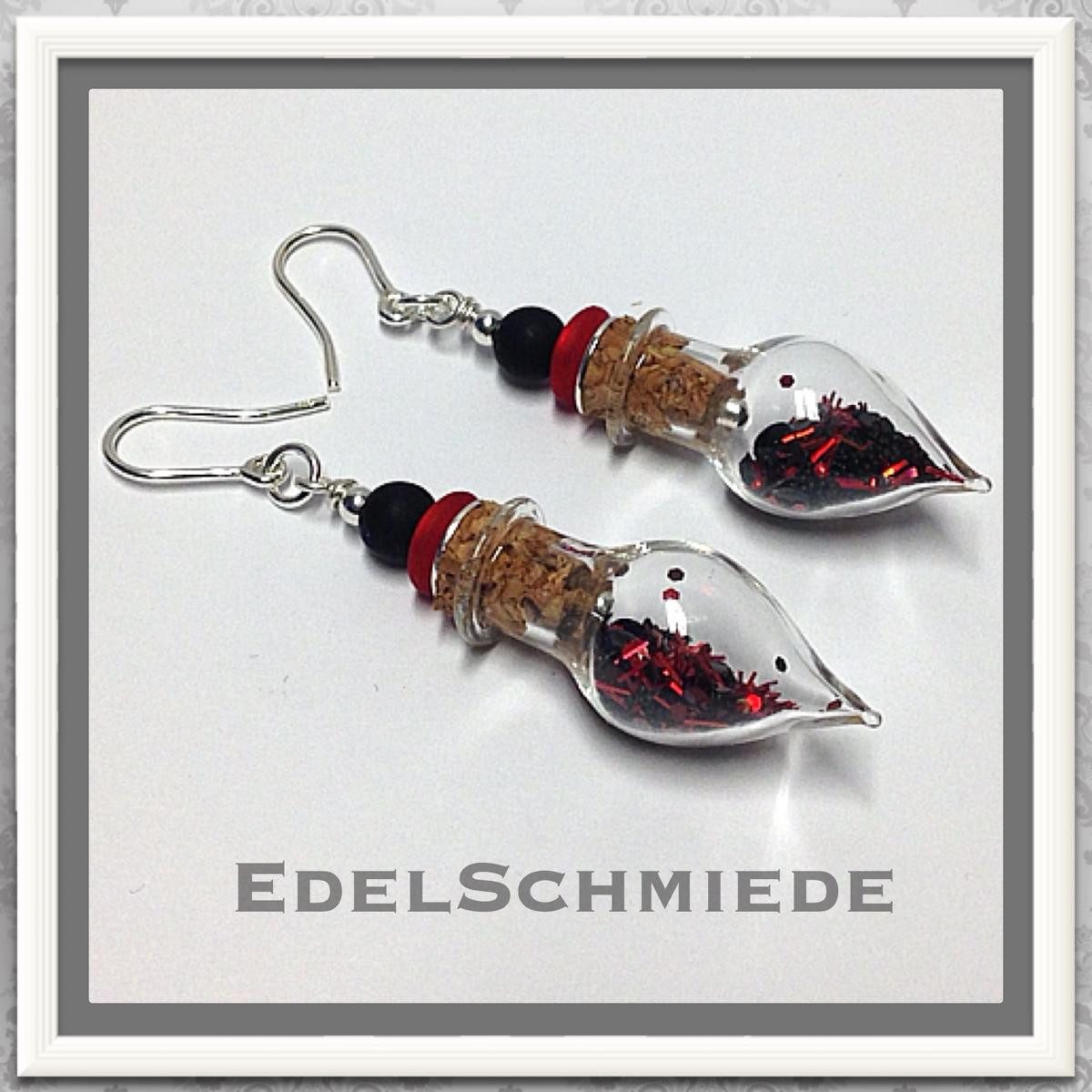 Paar Ohrhänger Edelschmiede925 Ohrringe 925 Silber mit Glasperle gefüllt rot schw