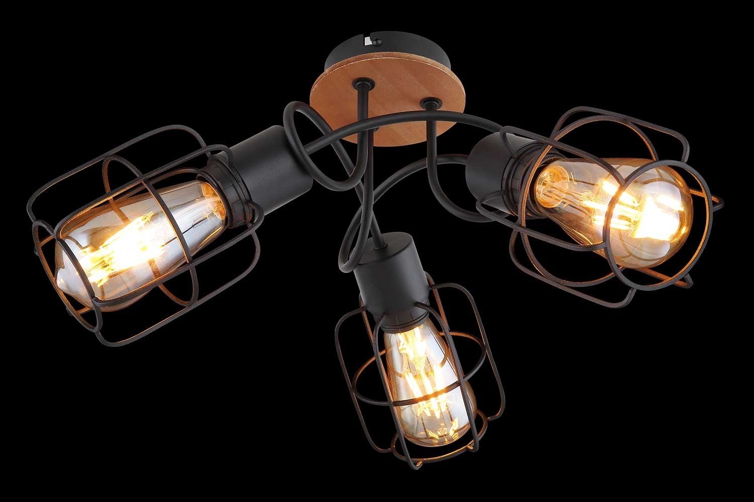 Globo Deckenleuchte Leuchtmittel, Metall, WILLA, cm, 49 Schwarz, aus Ø Absetzung 3-flammig, Holz ohne