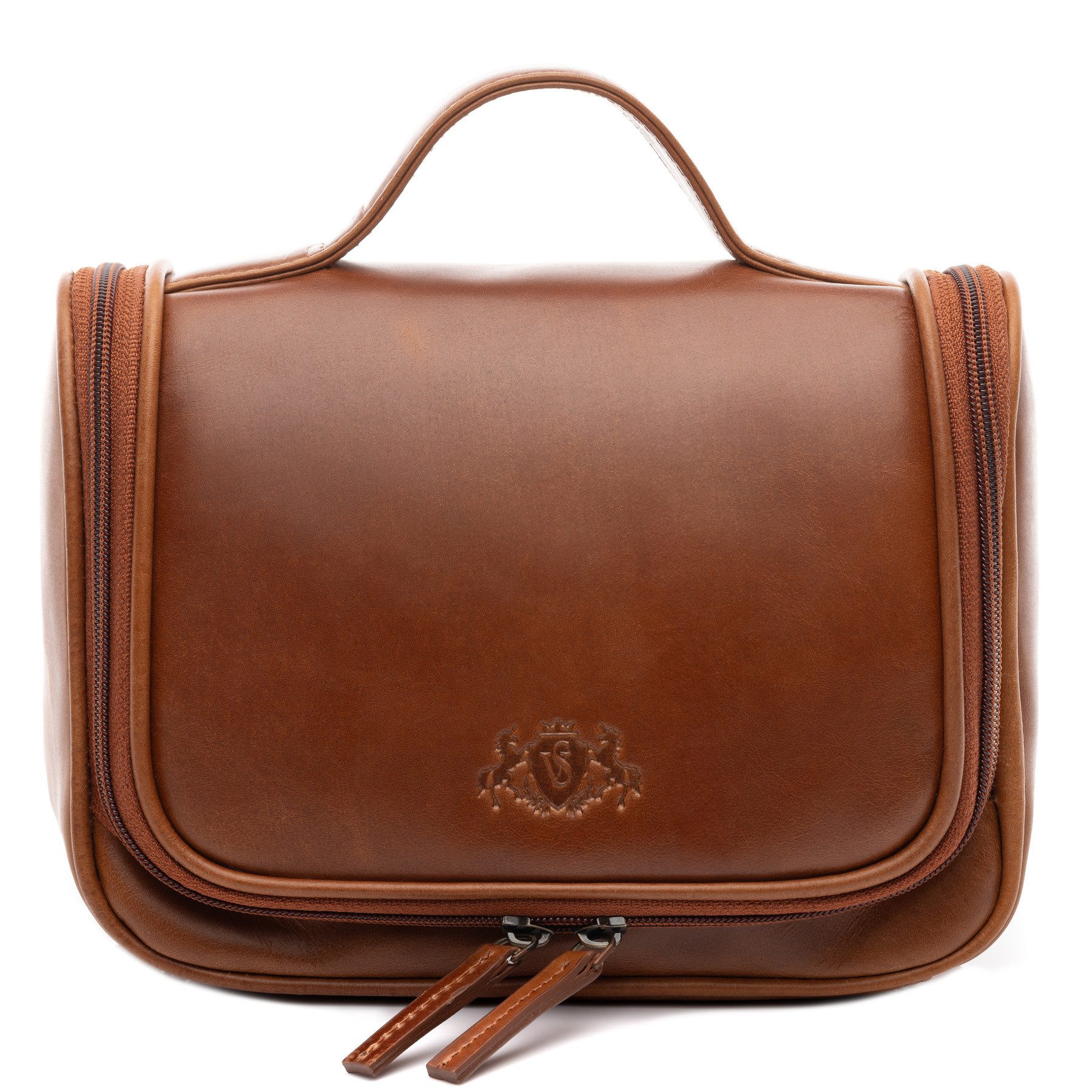 SID & VAIN Kulturbeutel echt Leder Kulturtasche zum Aufhängen braun Dexter, Waschbeutel Echtleder für Damen & Herren, Kosmetiktasche hellbraun