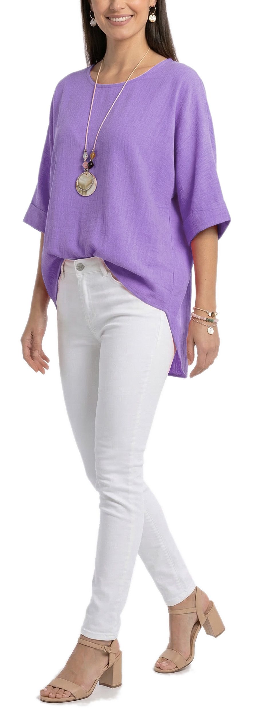 dy_mode Kurzarmbluse Damen Bluse Oversize Tunika Leichte Viskosebluse Oberteil Einfarbig in Unifarbe, High-Low Saum, mit passende Kette